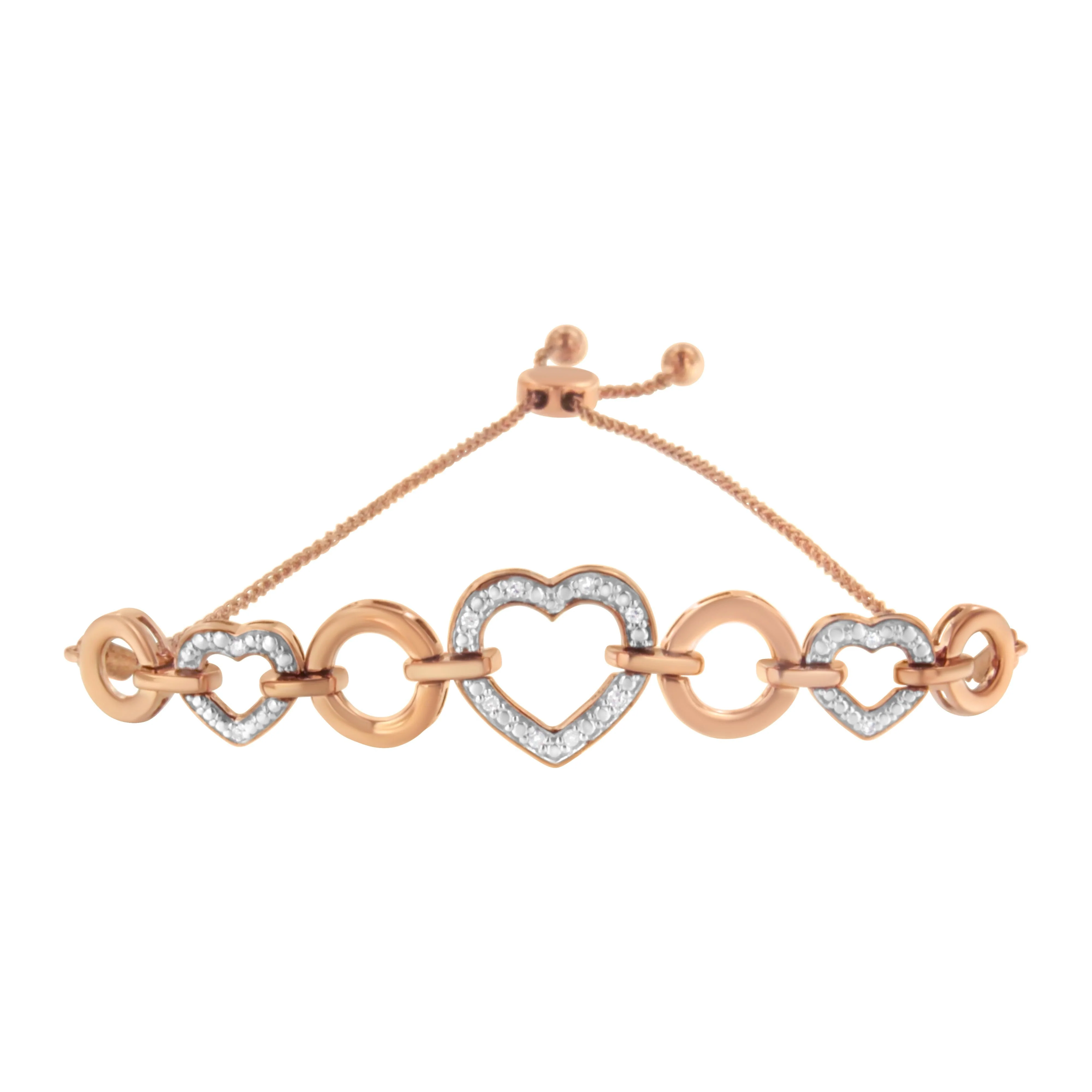 14K Rose Gold Plated .925 Sterling Silver Diamond Accent Circle and Heart Link Adjustable 6â€-10†Bolo Bracelet - Image 3
