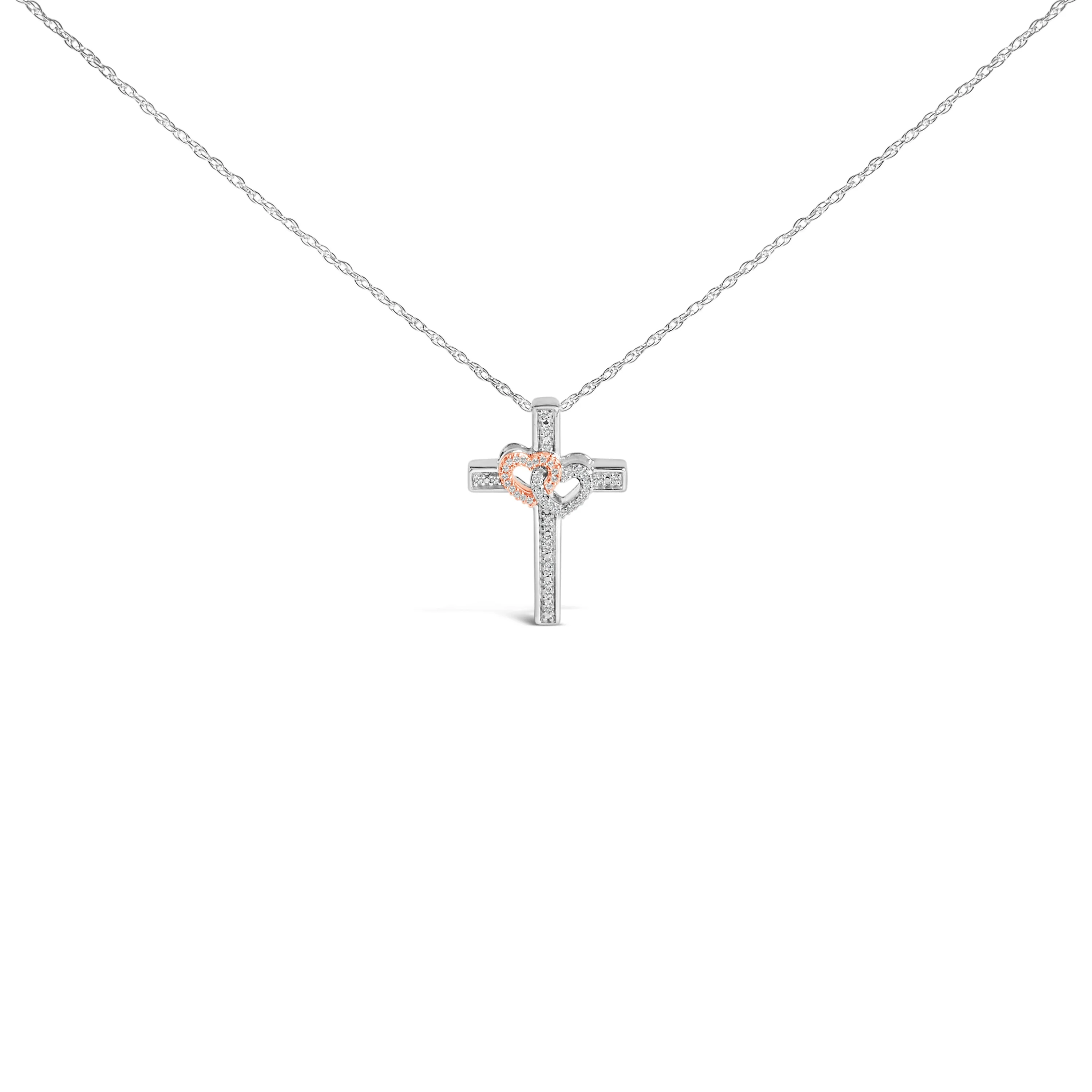 14K Rose Gold Plated Sterling Silver 1/10 Cttw Diamond Cross & Heart Pendant Necklace