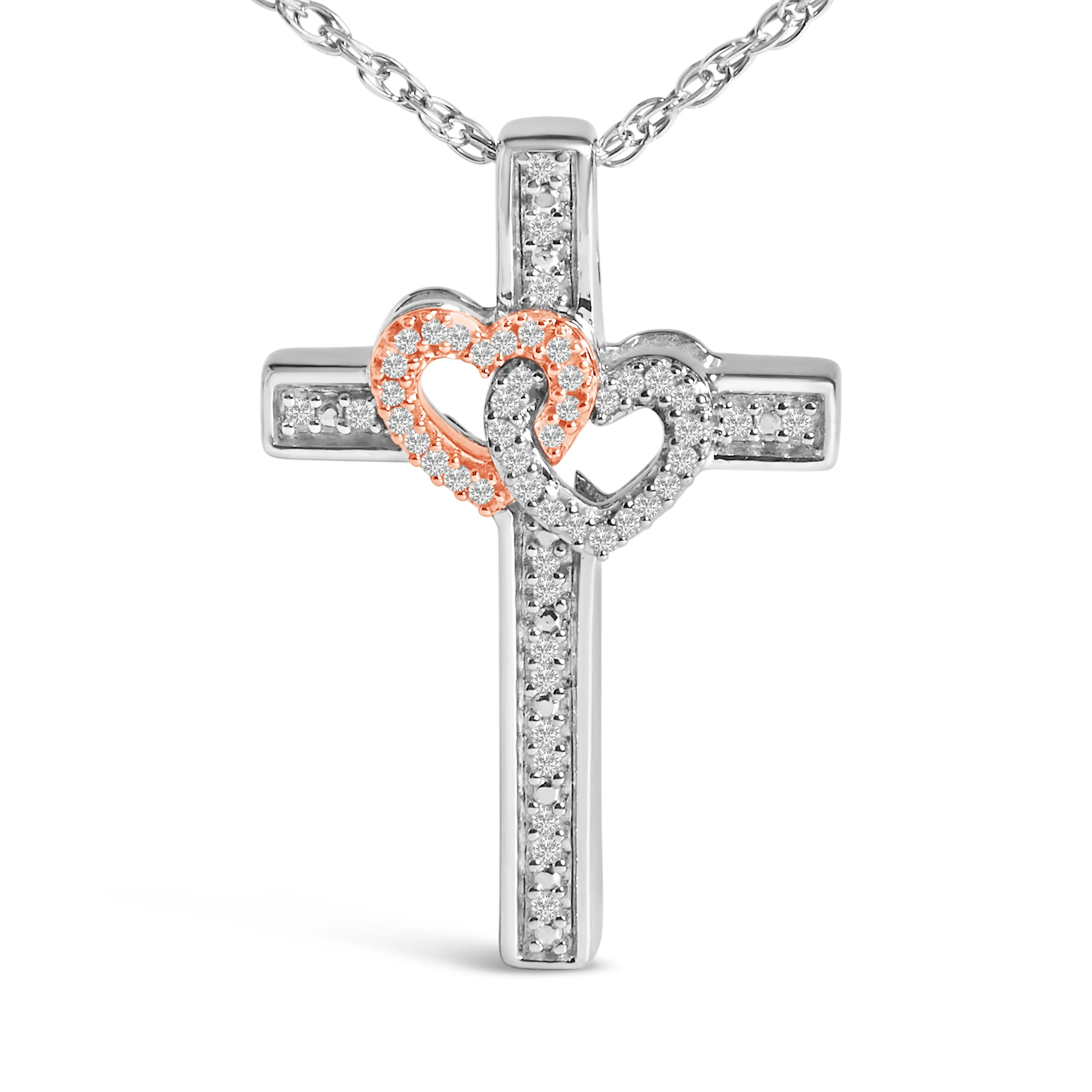 14K Rose Gold Plated Sterling Silver 1/10 Cttw Diamond Cross & Heart Pendant Necklace - Image 2