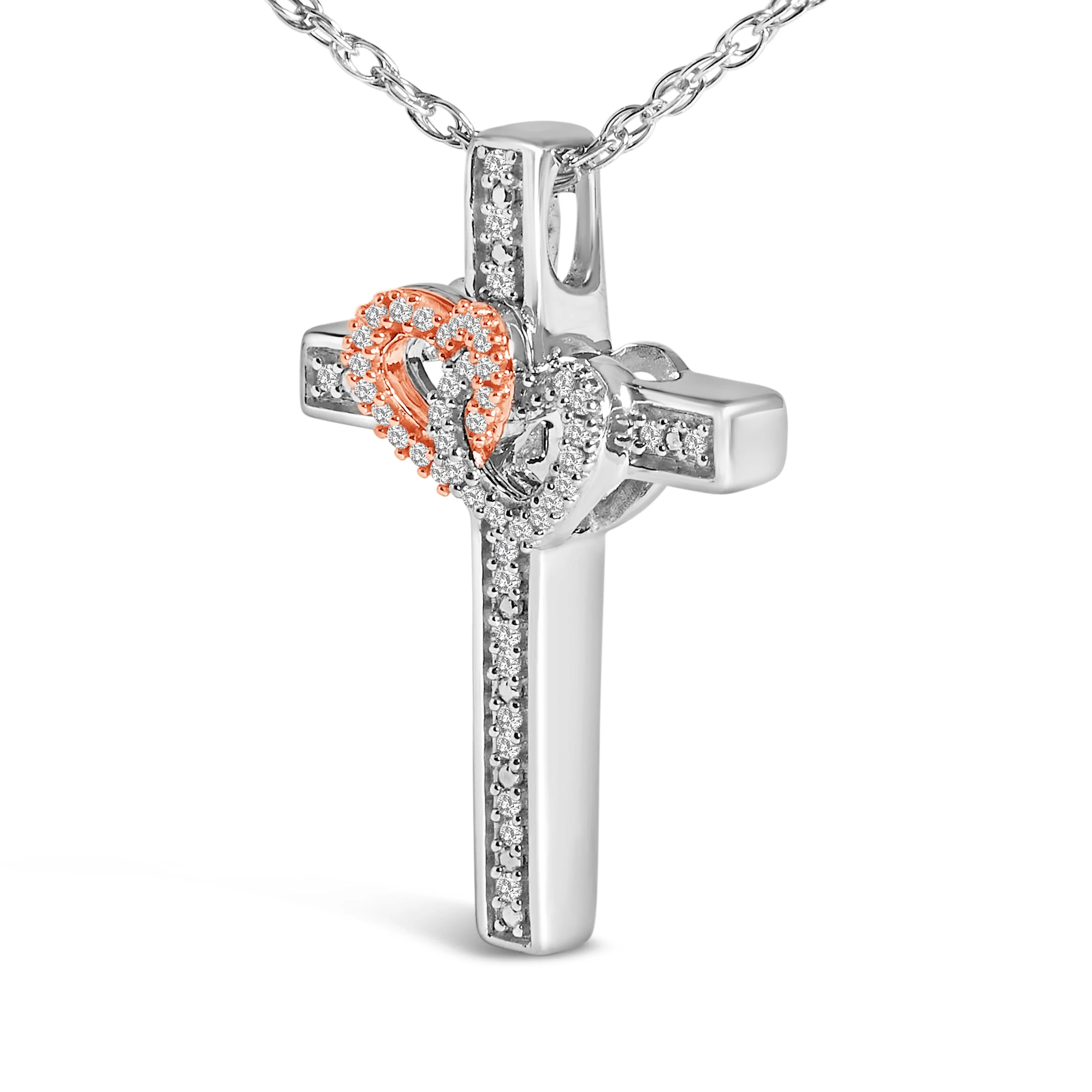 14K Rose Gold Plated Sterling Silver 1/10 Cttw Diamond Cross & Heart Pendant Necklace - Image 3