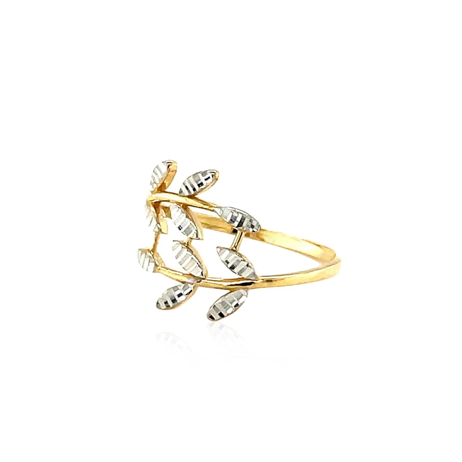 14k Two Tone Gold Crossover Ring with Textured Leaves - Image 6