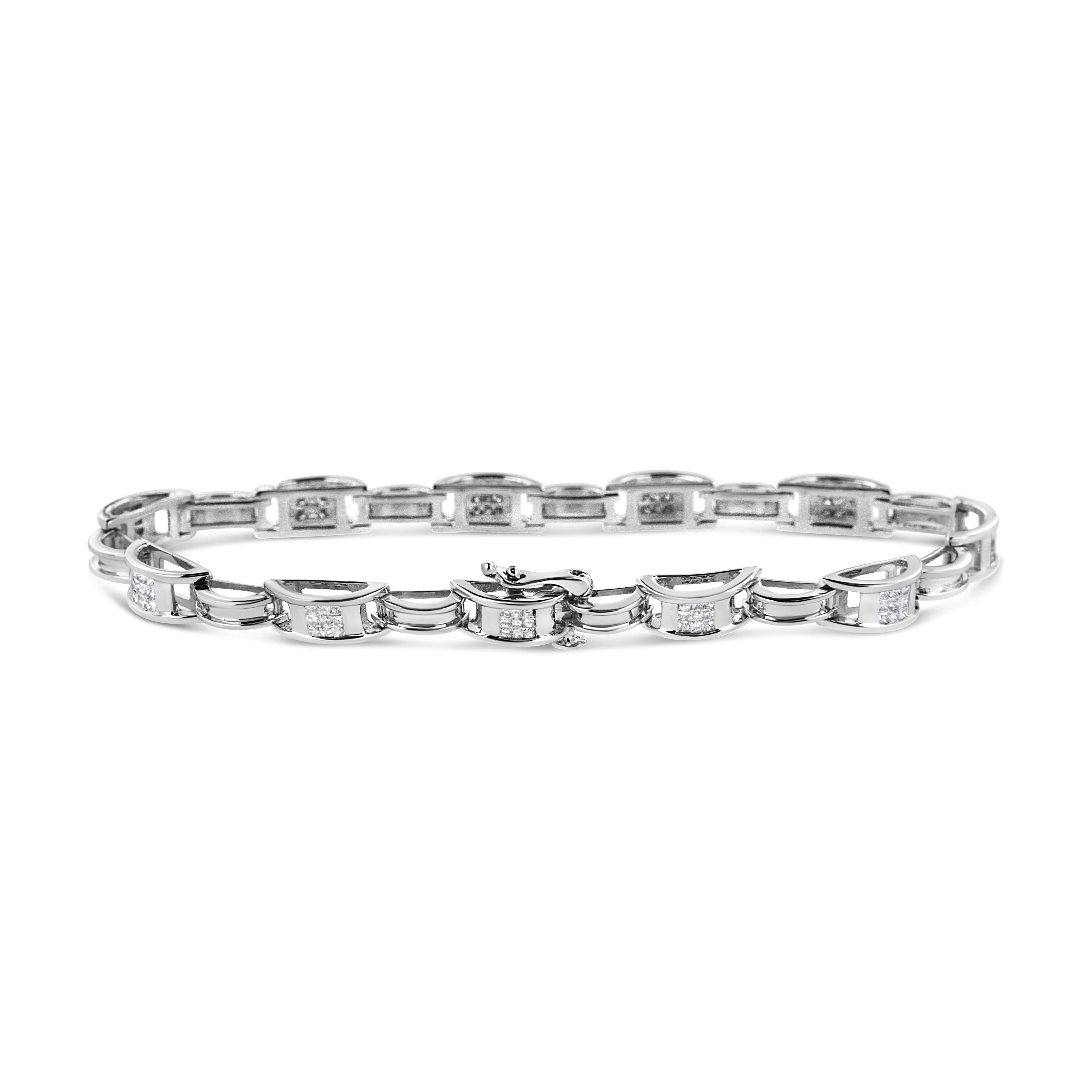 14K White Gold 1.0 Cttw Invisible Set Princess Diamond Alternating Link Tennis Bracelet (I-J Color, I1-I2 Clarity) - 7.25" - Image 2