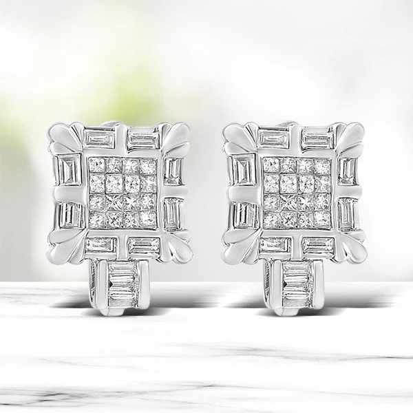 14K White Gold 1.0 Cttw Princess and Baguette-Cut Diamond Square Framed Huggie Hoop Omega Earrings (H-I Color, SI1-SI2 Clarity)