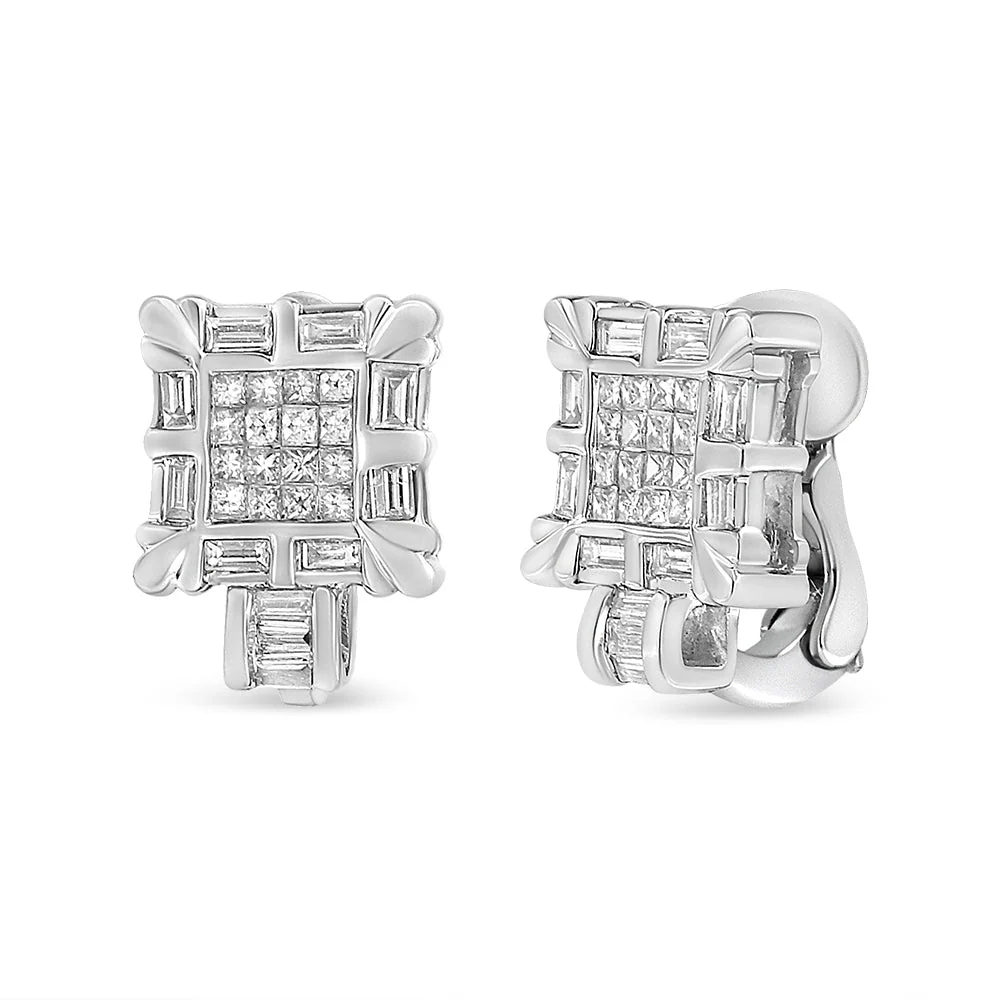 14K White Gold 1.0 Cttw Princess and Baguette-Cut Diamond Square Framed Huggie Hoop Omega Earrings (H-I Color, SI1-SI2 Clarity) - Image 5
