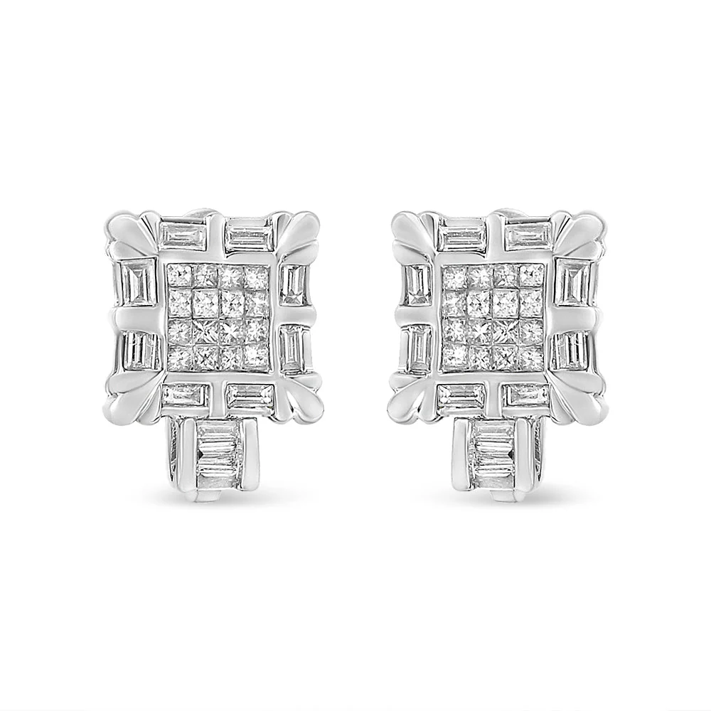 14K White Gold 1.0 Cttw Princess and Baguette-Cut Diamond Square Framed Huggie Hoop Omega Earrings (H-I Color, SI1-SI2 Clarity) - Image 6