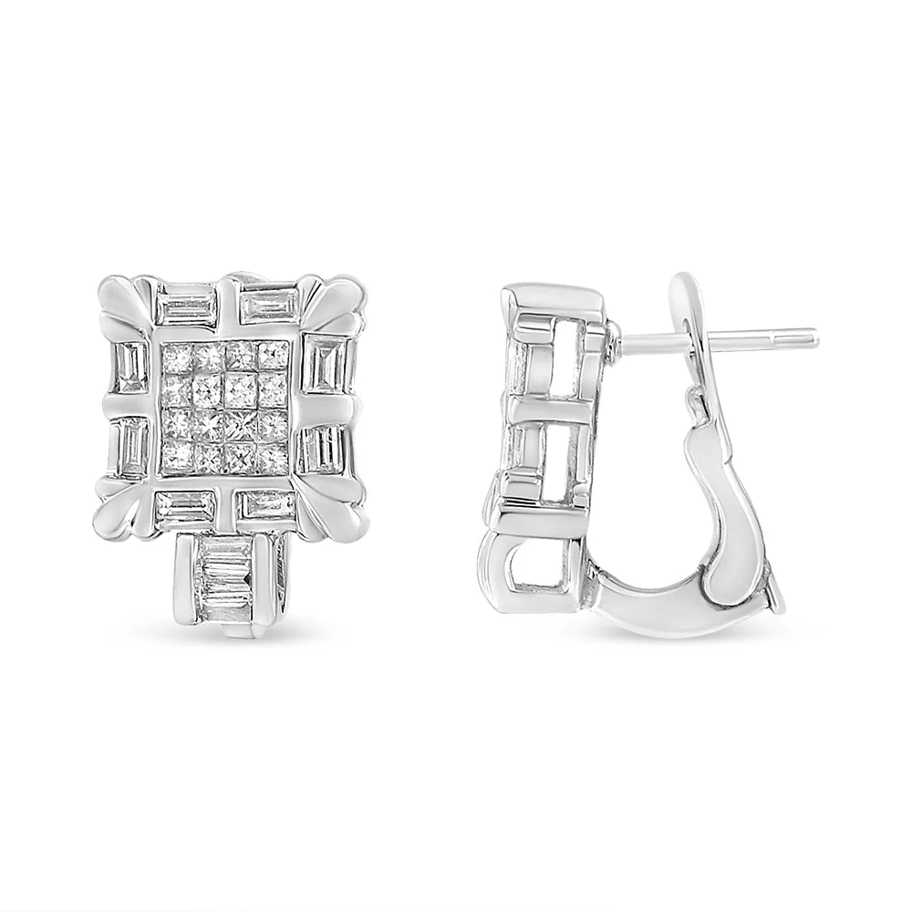 14K White Gold 1.0 Cttw Princess and Baguette-Cut Diamond Square Framed Huggie Hoop Omega Earrings (H-I Color, SI1-SI2 Clarity) - Image 7