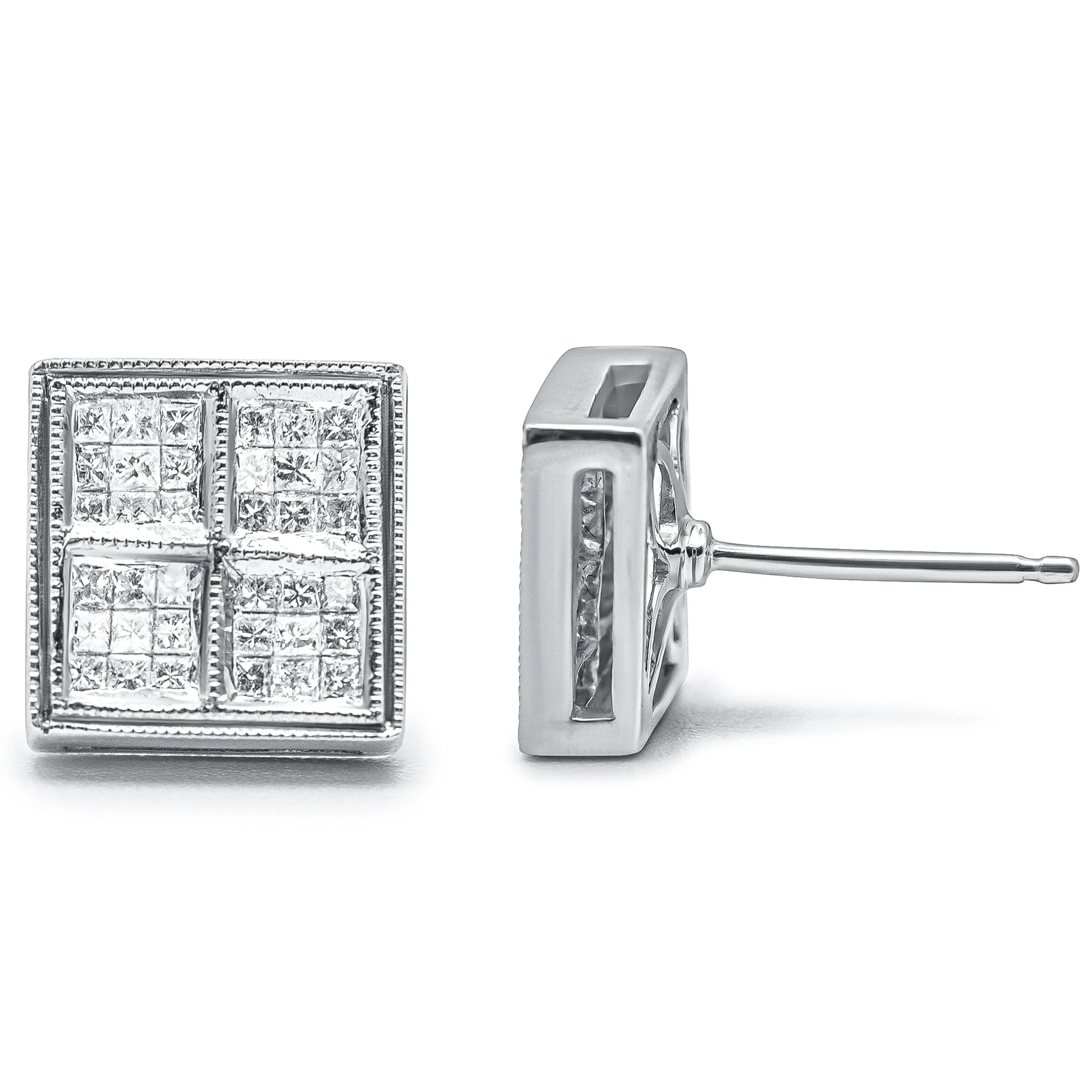 14K White Gold 1/2 Cttw Princess Diamond Composite Box Shape Milgrain Stud Earrings (H-I Color, SI1-SI2 Clarity) - Image 8