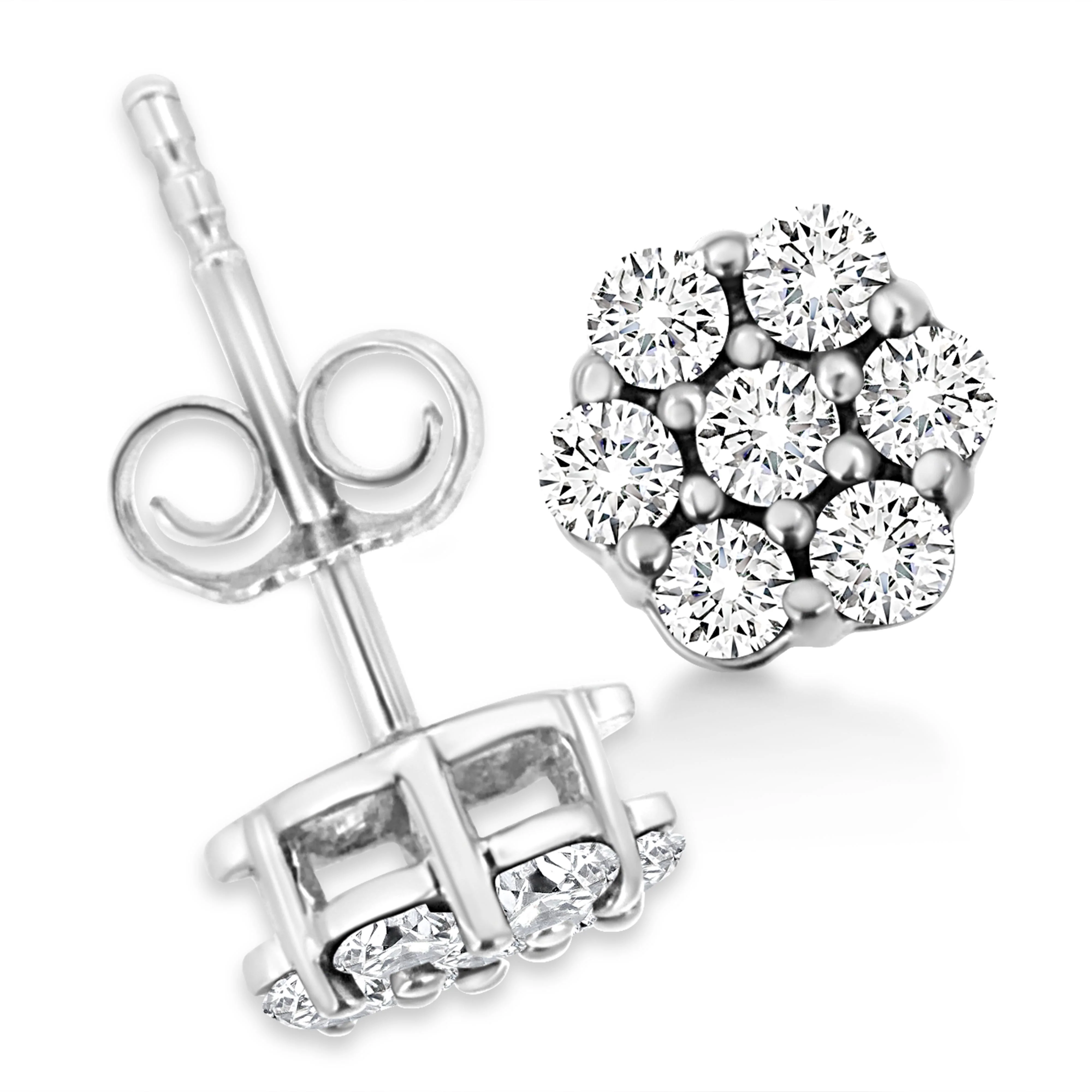 14K White Gold 1/2 Cttw Prong Set Round-Cut Diamond Flower Stud Earring (H-I Color, I1-I2 Clarity) - Image 4