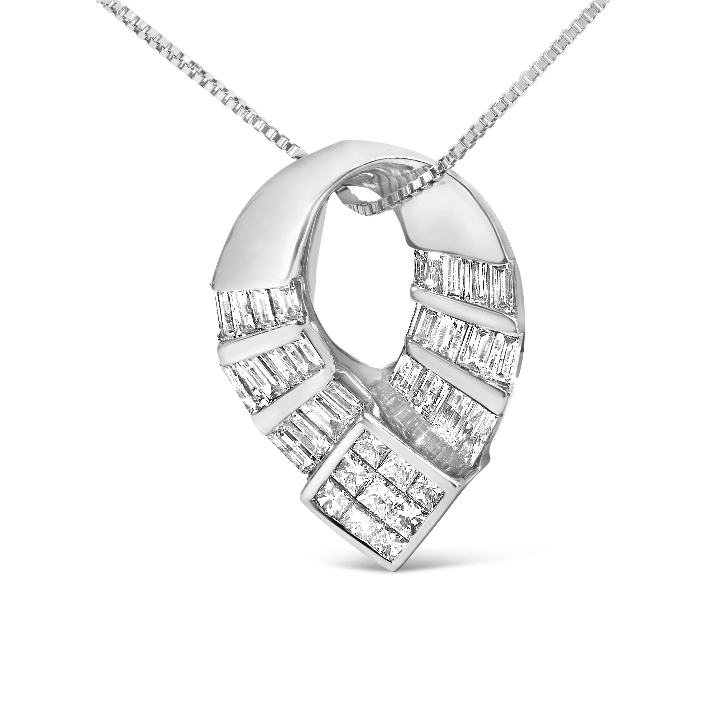14k White Gold 1 5/8 Cttw Invisible Set Princess and Channel Set Baguette Diamond Curved Oval Shape Pendant Necklace (G-H Color, VS2-SI1 Clarity) - Image 2