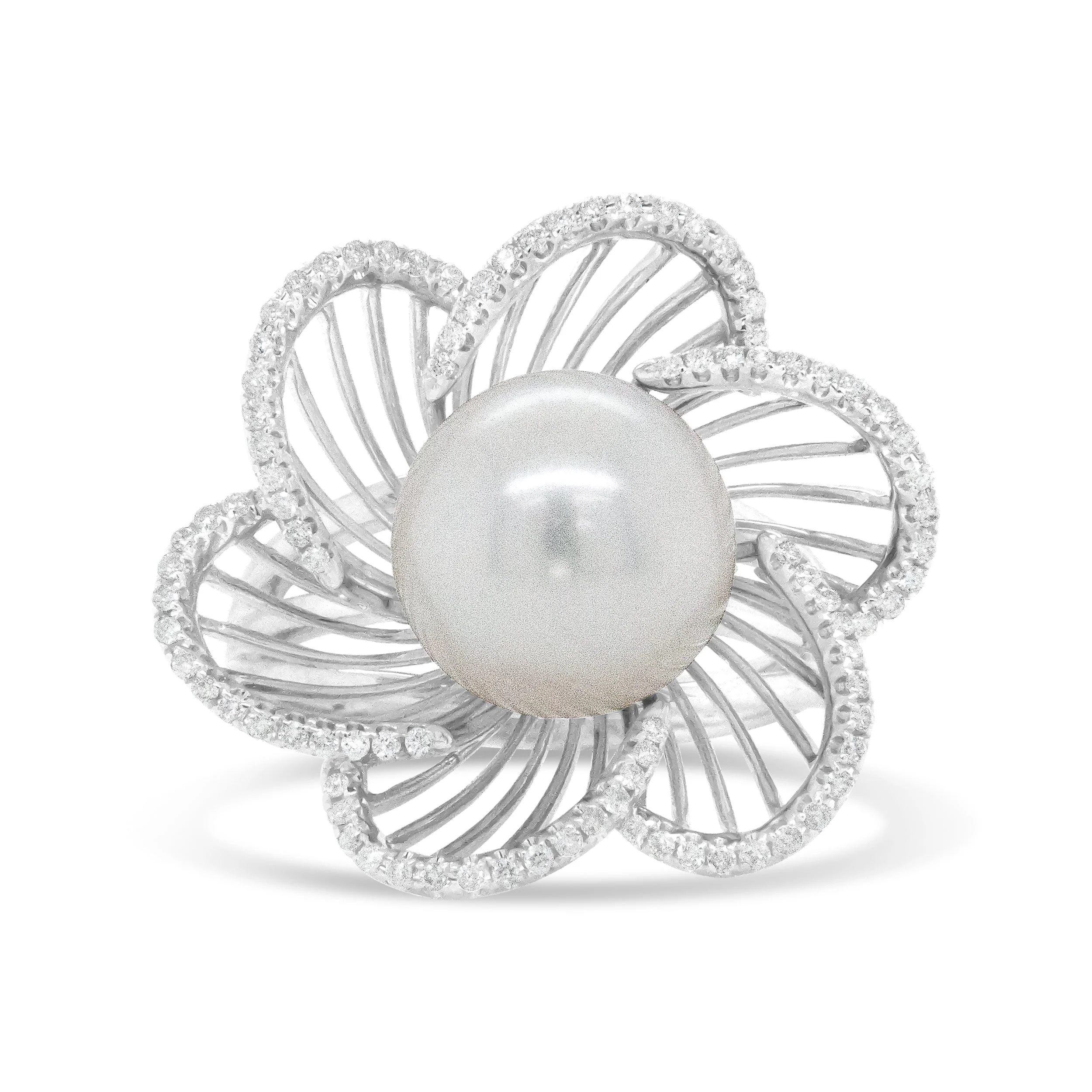 14K White Gold 11mm Round Pearl and 1/3 Cttw Round Diamond Openwork Flower Blossom Ring (H-I Color, VS1-VS2 Clarity) - Size 6.50 - Image 2