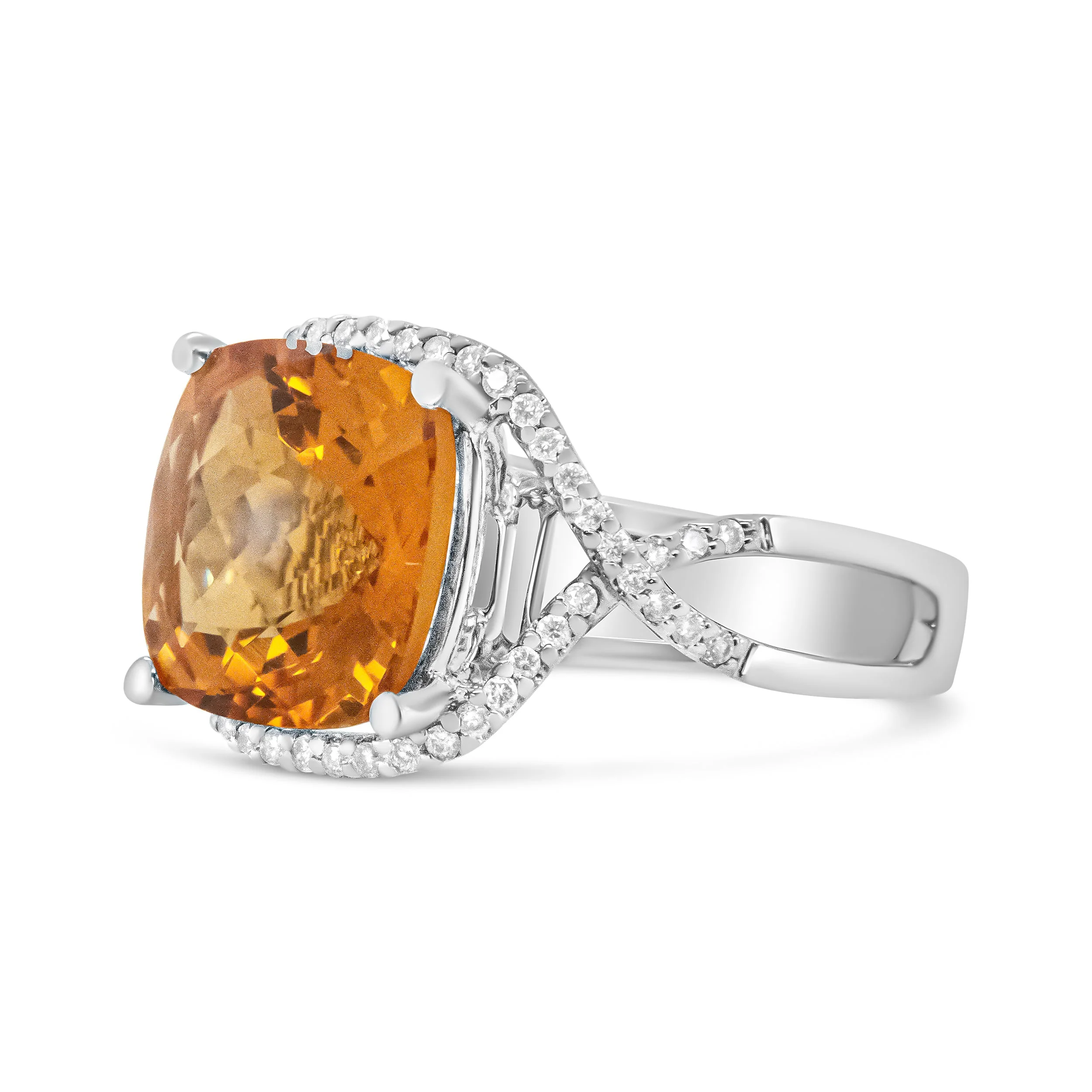 14K White Gold 12mm Cushion Cut Yellow Citrine Gemstone and 1/3 Cttw Round Pave-Set Diamond Ring - (H-I Color, VS1-VS2 Clarity)- Size 6.5 - Image 5
