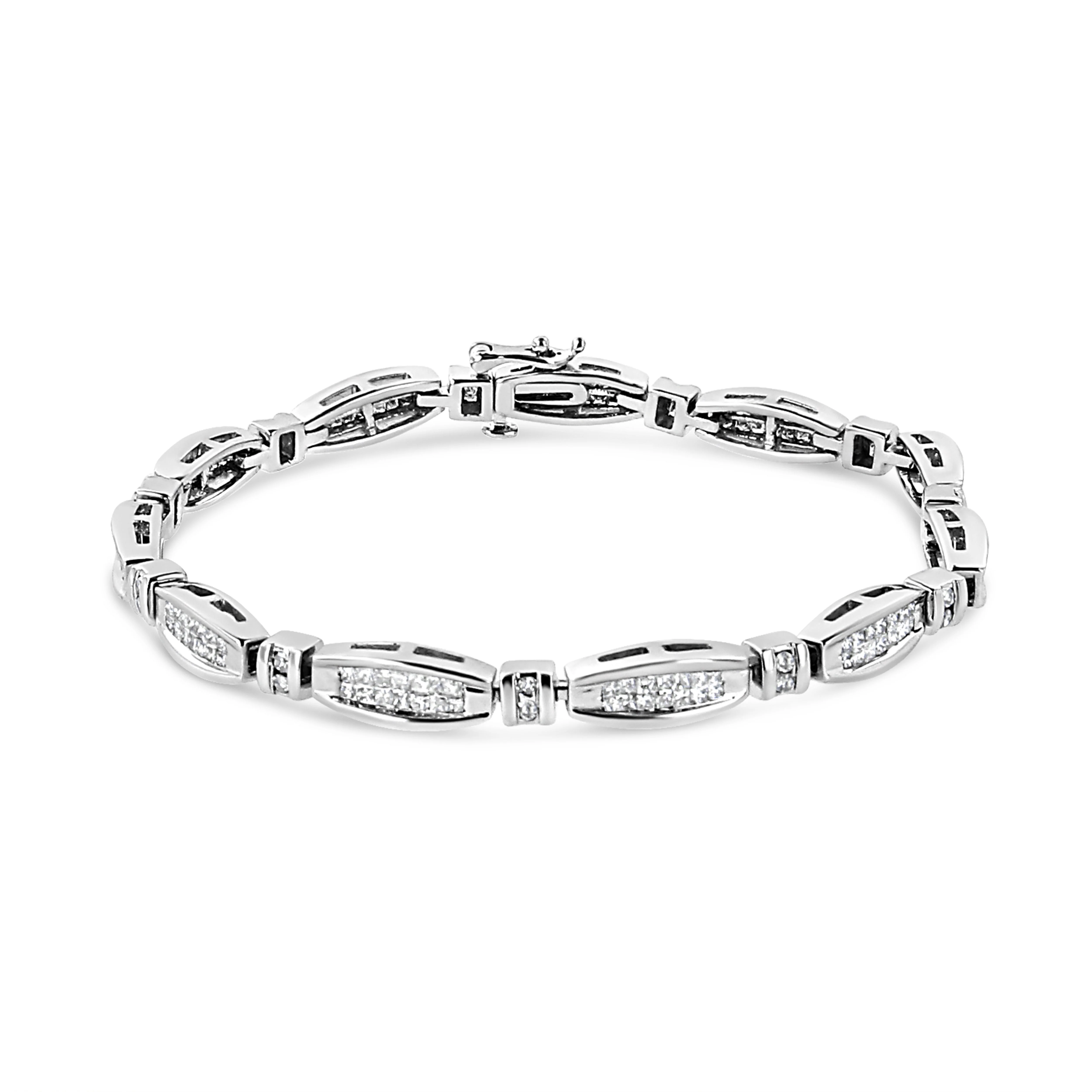 14K White Gold 2.0 Cttw Princess and Round Diamond Bar and Link Bracelet (I-J Color, I1-I2 Clarity) - 7.25" Inches - Image 4