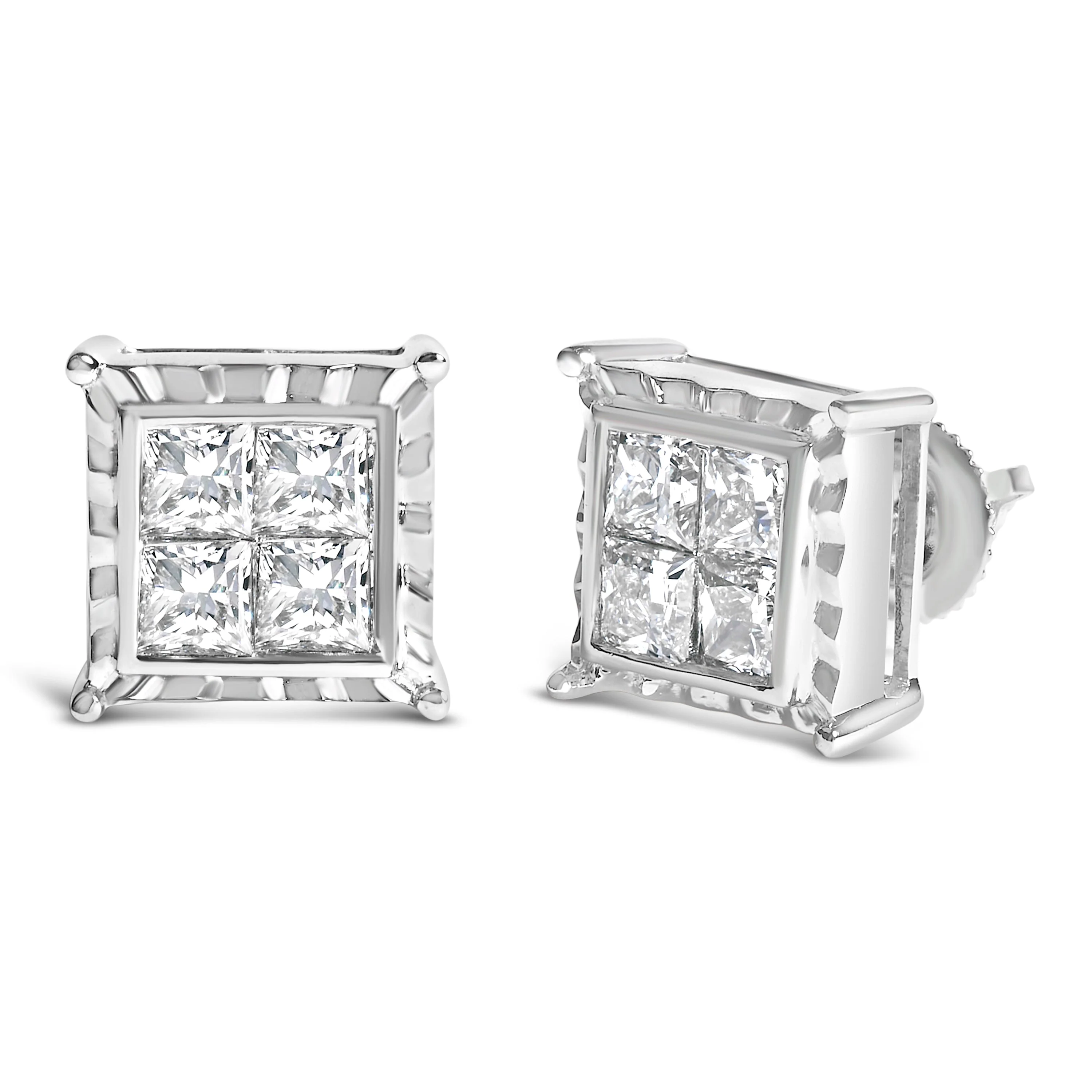 14K White Gold 2.00 Cttw Invisible Set Princess-Cut Lab Grown Diamond Wavy Quad Stud Earrings - Image 2