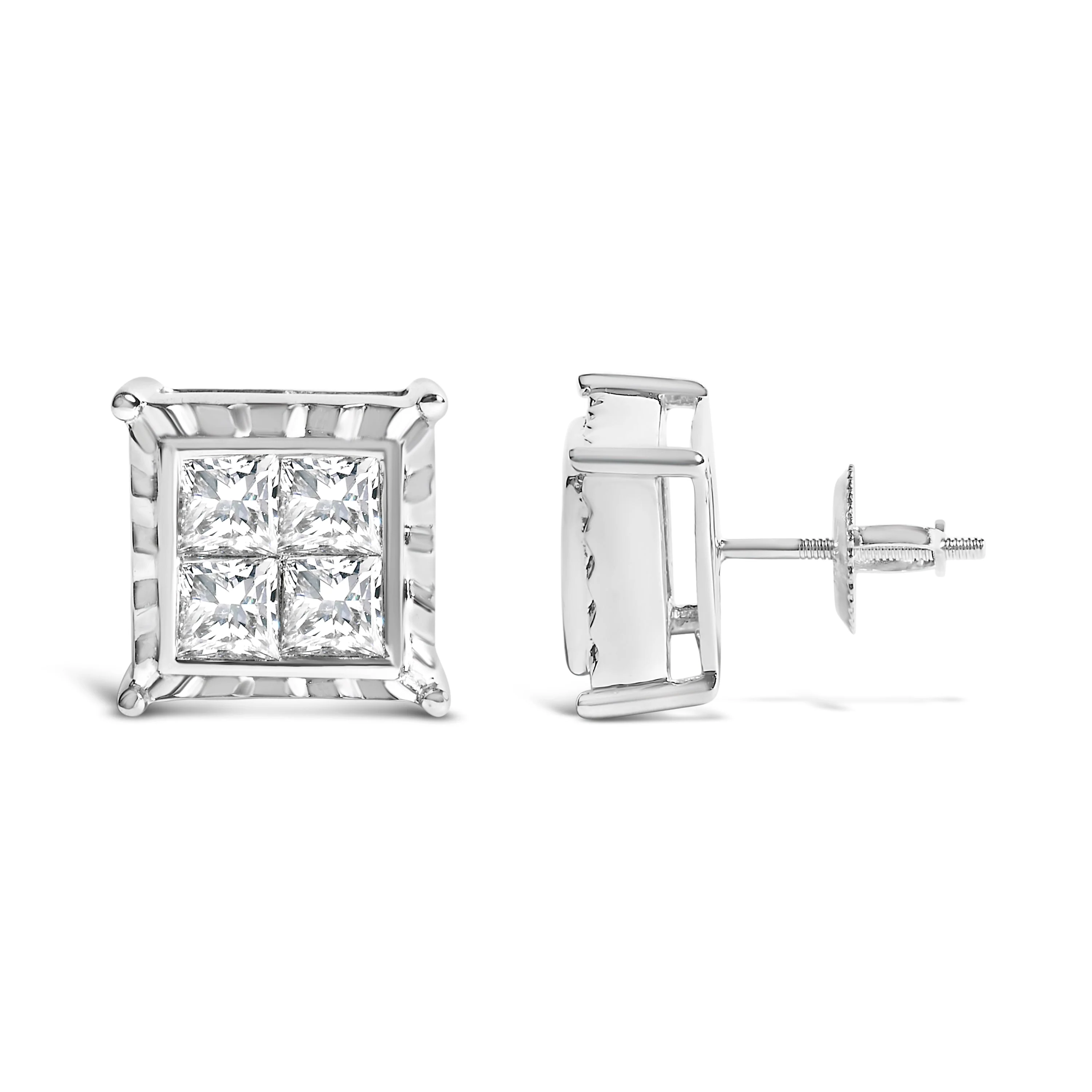 14K White Gold 2.00 Cttw Invisible Set Princess-Cut Lab Grown Diamond Wavy Quad Stud Earrings - Image 3