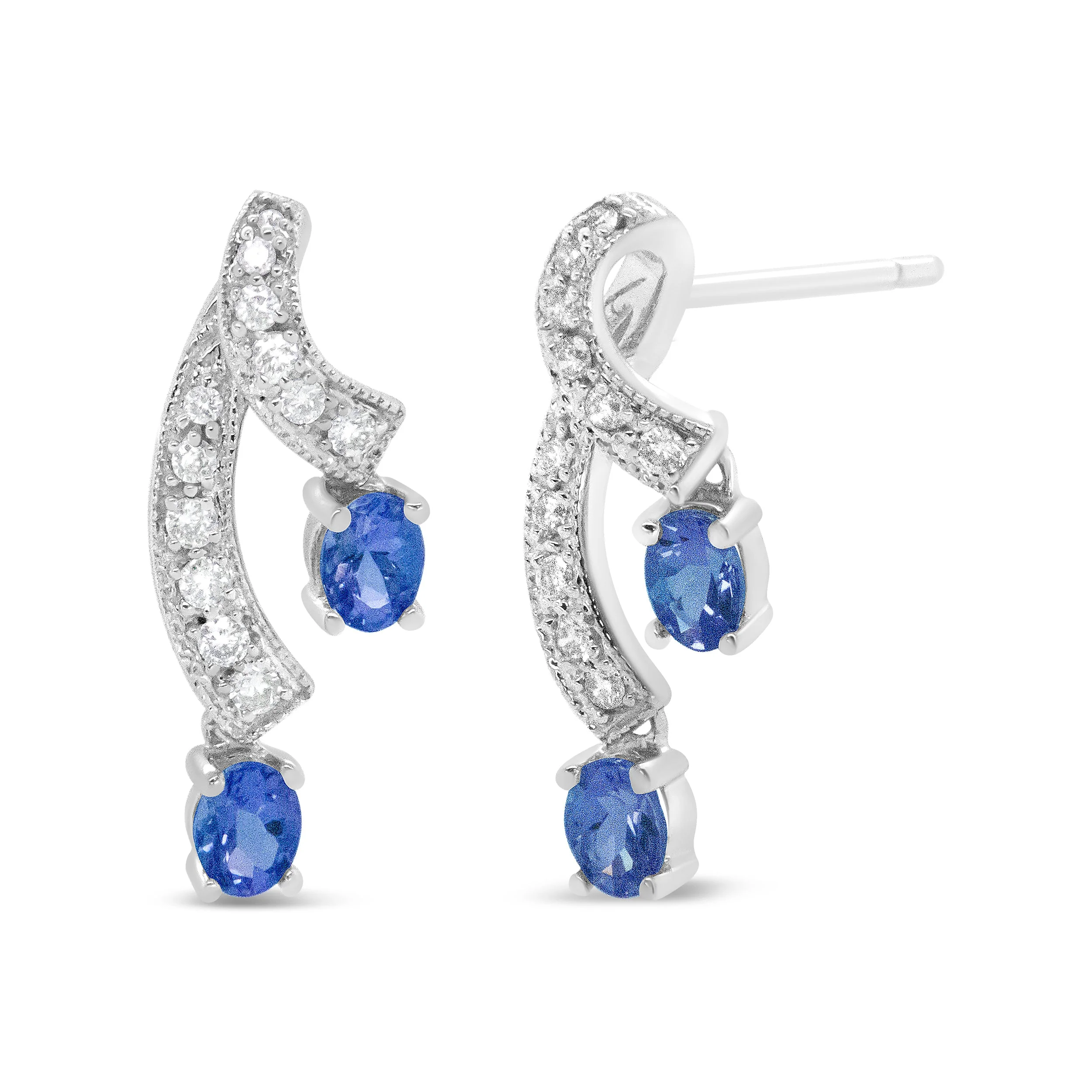 14K White Gold 4x3MM Oval Shaped Natural Blue Tanzanite Gemstone and 1/5 Cttw Diamond Double 3/4" Inch Drop Stud Earrings (H-I Color, VS1-VS2 Clarity) - Image 6