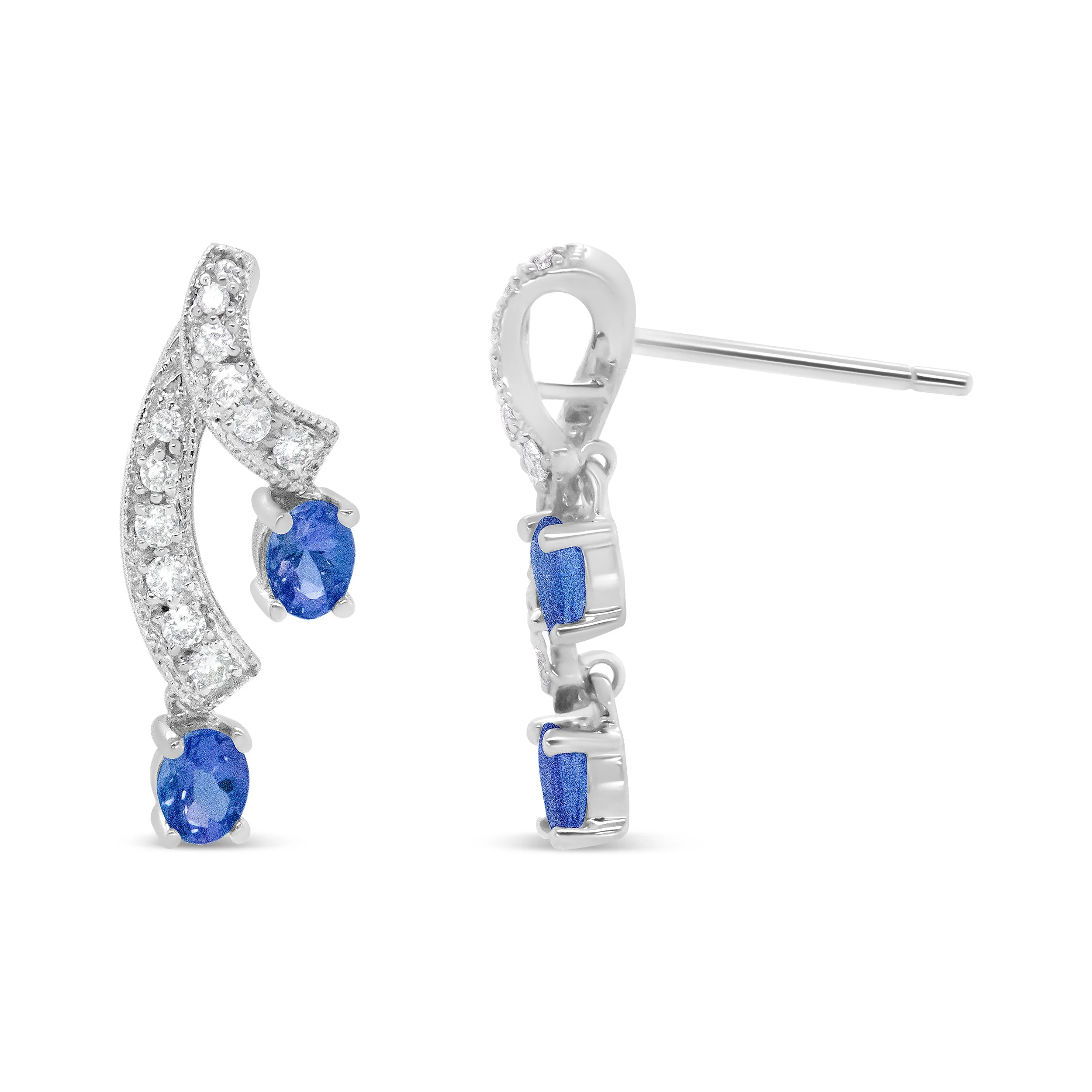 14K White Gold 4x3MM Oval Shaped Natural Blue Tanzanite Gemstone and 1/5 Cttw Diamond Double 3/4" Inch Drop Stud Earrings (H-I Color, VS1-VS2 Clarity) - Image 7