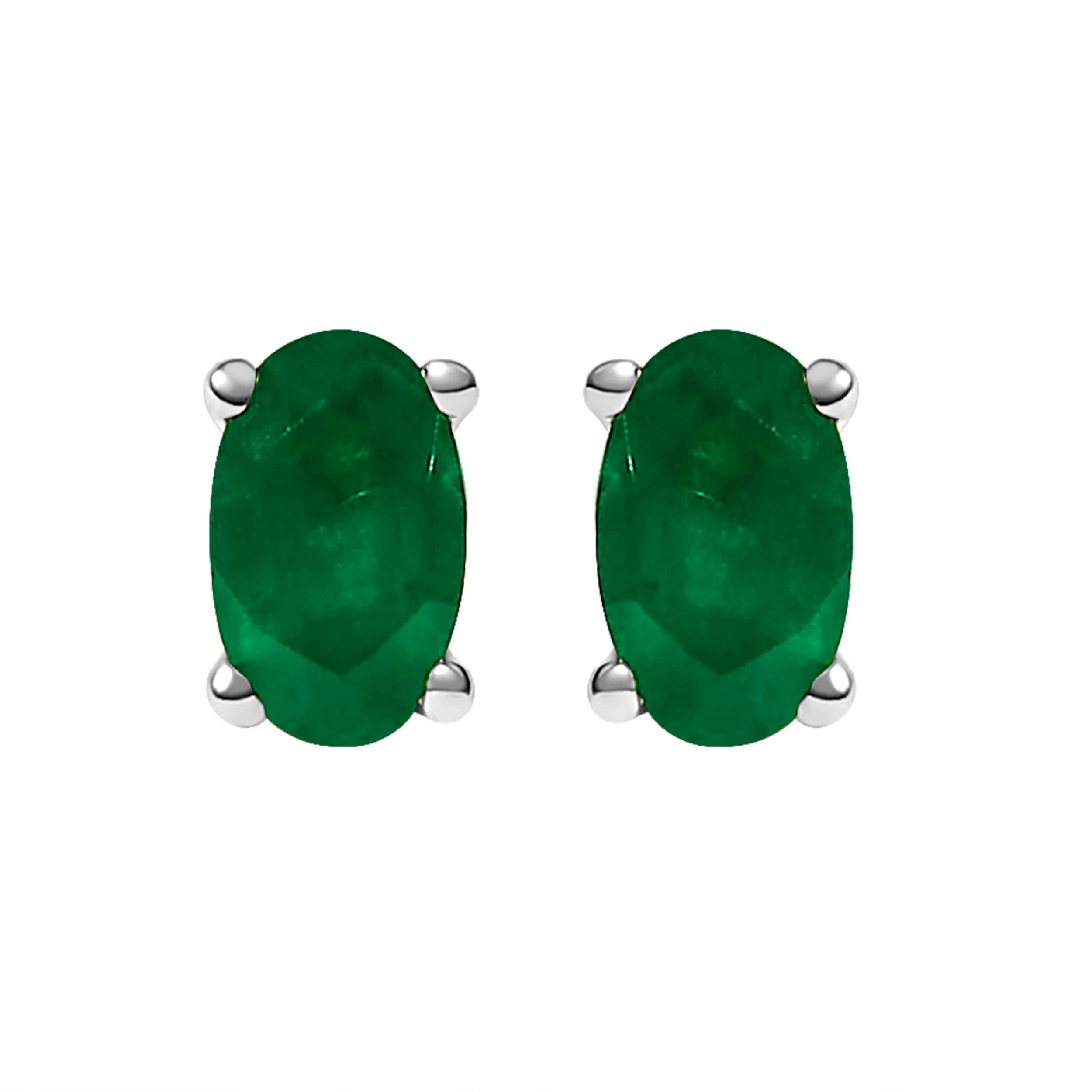 14K White Gold 5x3 MM Oval Green Emerald Solitaire Stud Earrings
