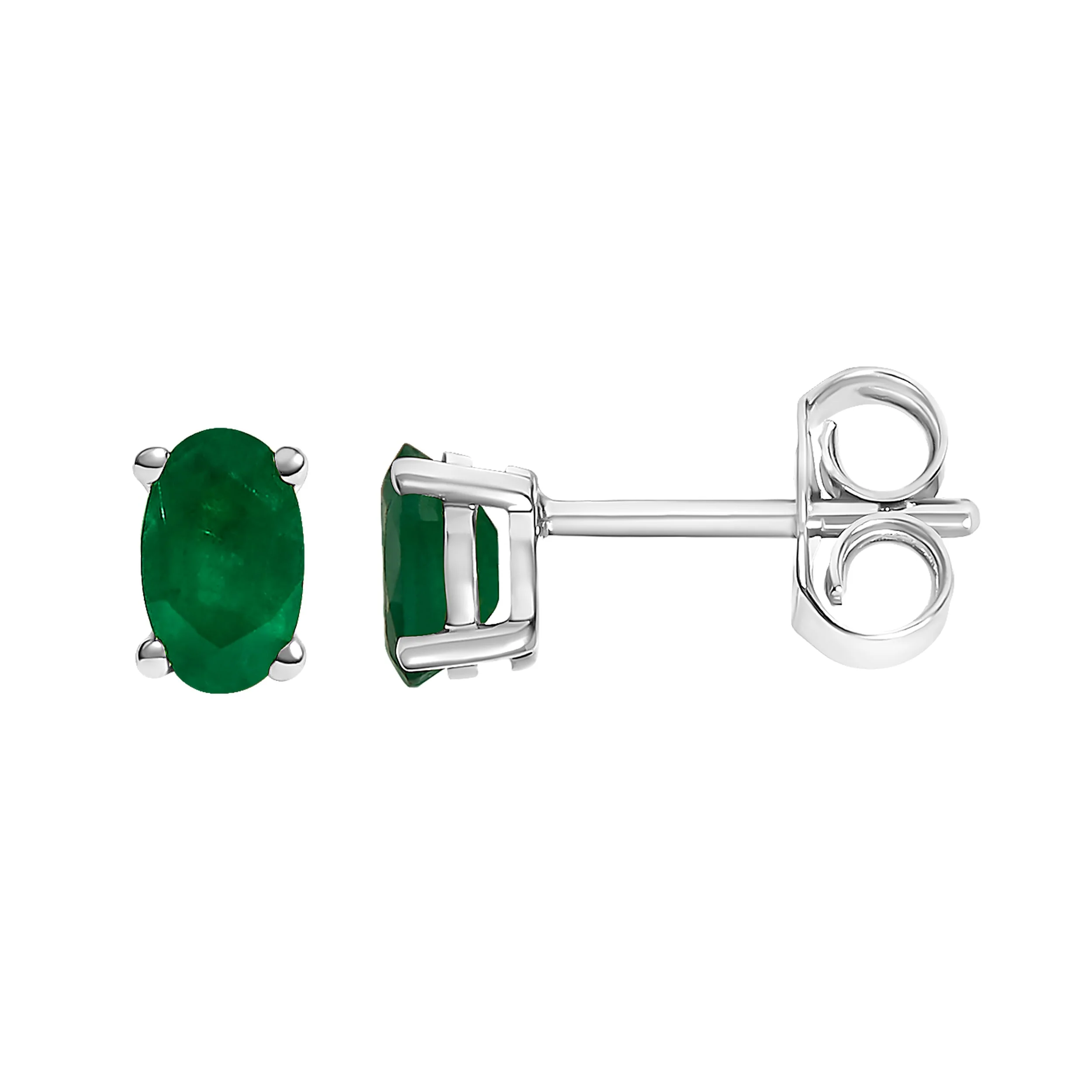 14K White Gold 5x3 MM Oval Green Emerald Solitaire Stud Earrings - Image 3
