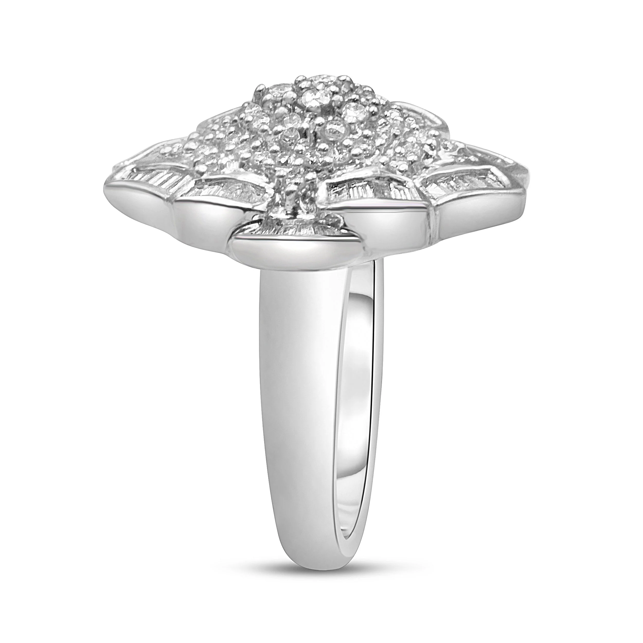 14K White Gold 7/8 Cttw Round and Baguette-Cut Diamond Cluster Ring (H-I Color, SI2-I1 Clarity) - Size 7 - Image 3
