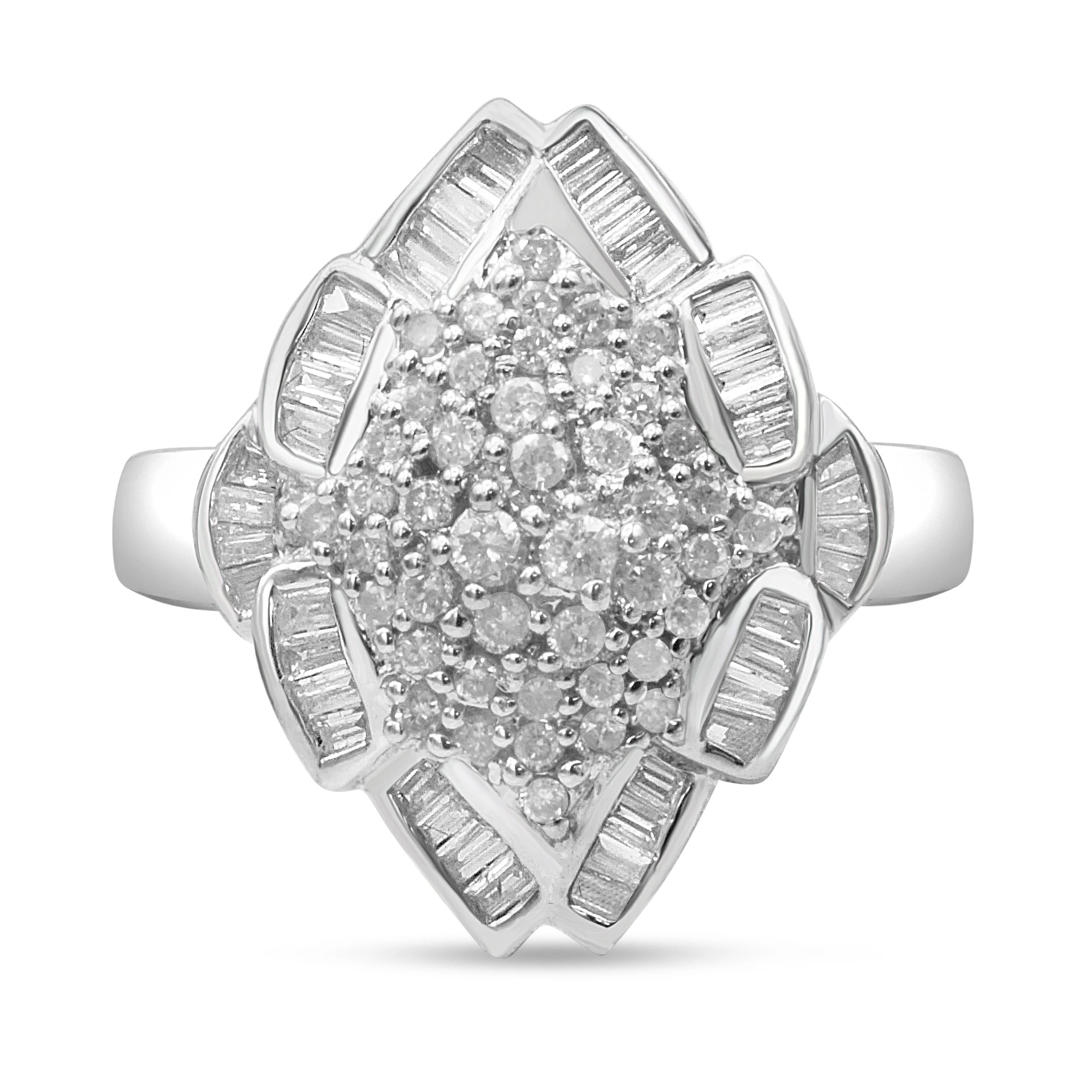 14K White Gold 7/8 Cttw Round and Baguette-Cut Diamond Cluster Ring (H-I Color, SI2-I1 Clarity) - Size 7 - Image 4