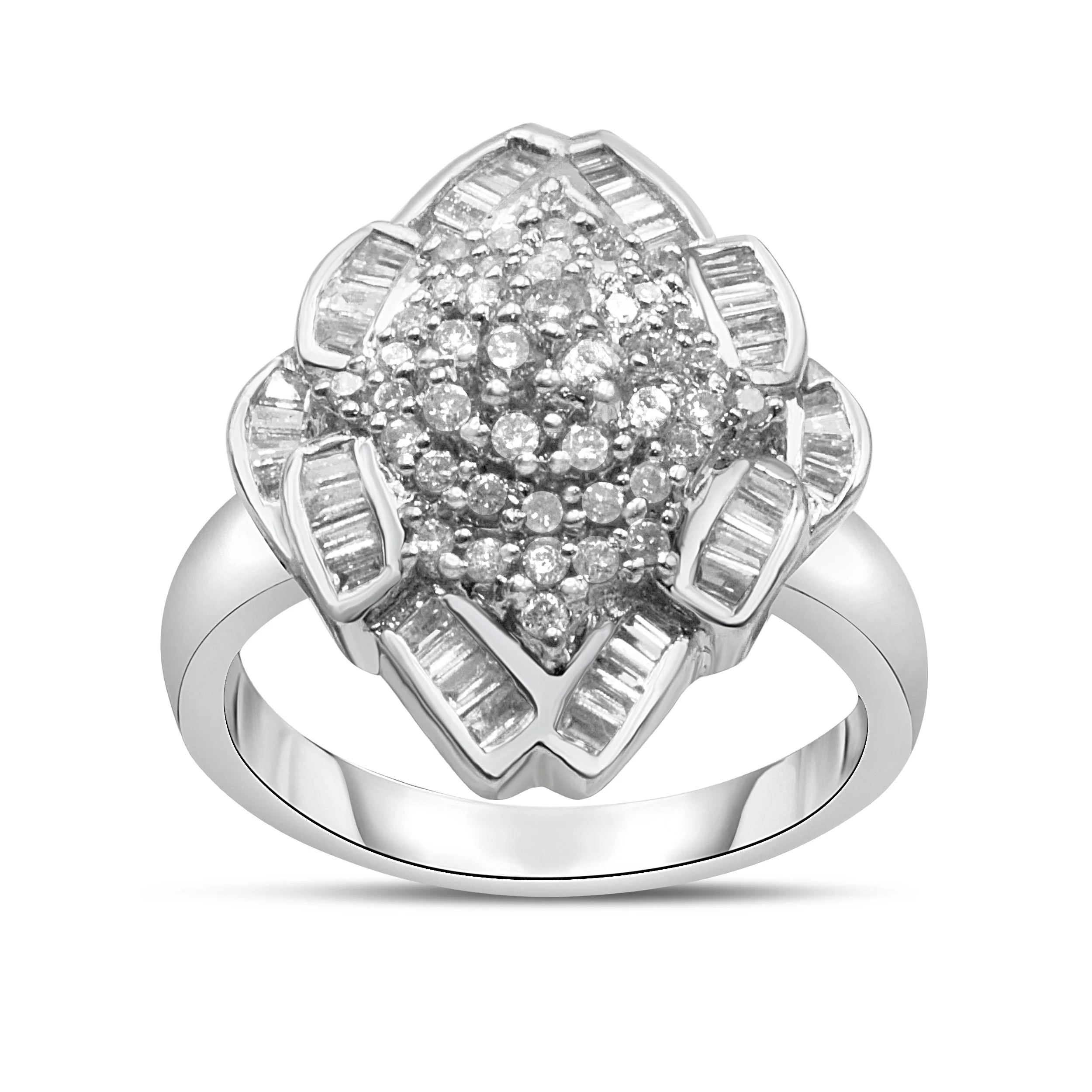 14K White Gold 7/8 Cttw Round and Baguette-Cut Diamond Cluster Ring (H-I Color, SI2-I1 Clarity) - Size 7 - Image 5