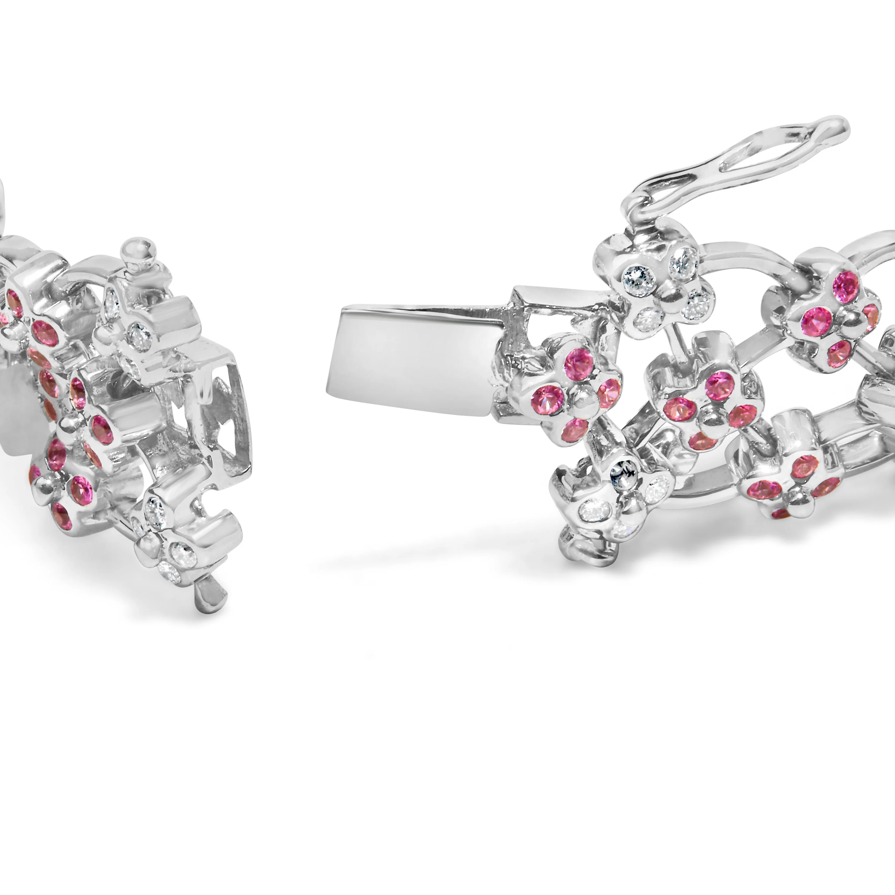 14K White Gold Pink Sapphire and Diamond Floral Lattice Link Bracelet - 7.25" Inches - Image 2