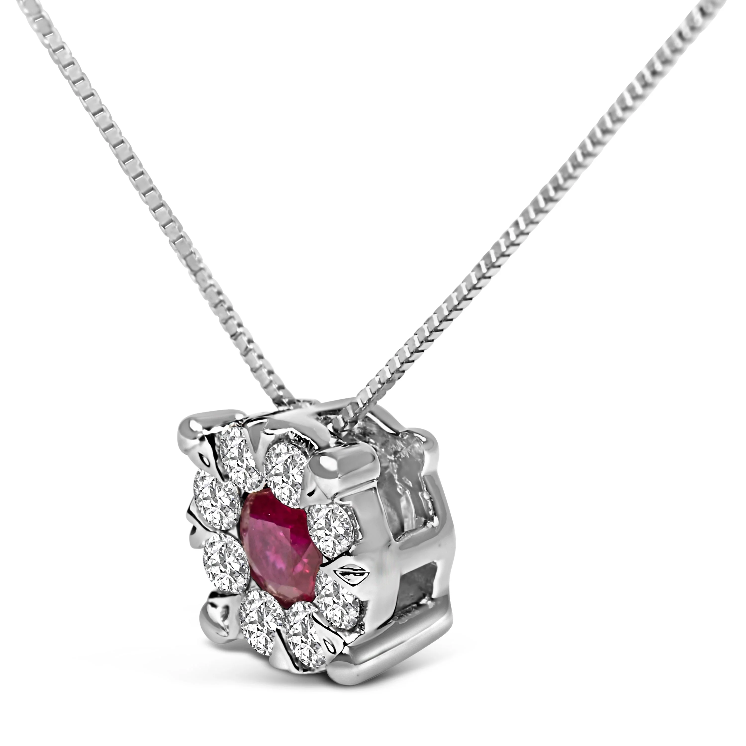 14K White Gold Red Ruby and 1/3 Cttw Diamond Halo Pendant Necklace - Image 3