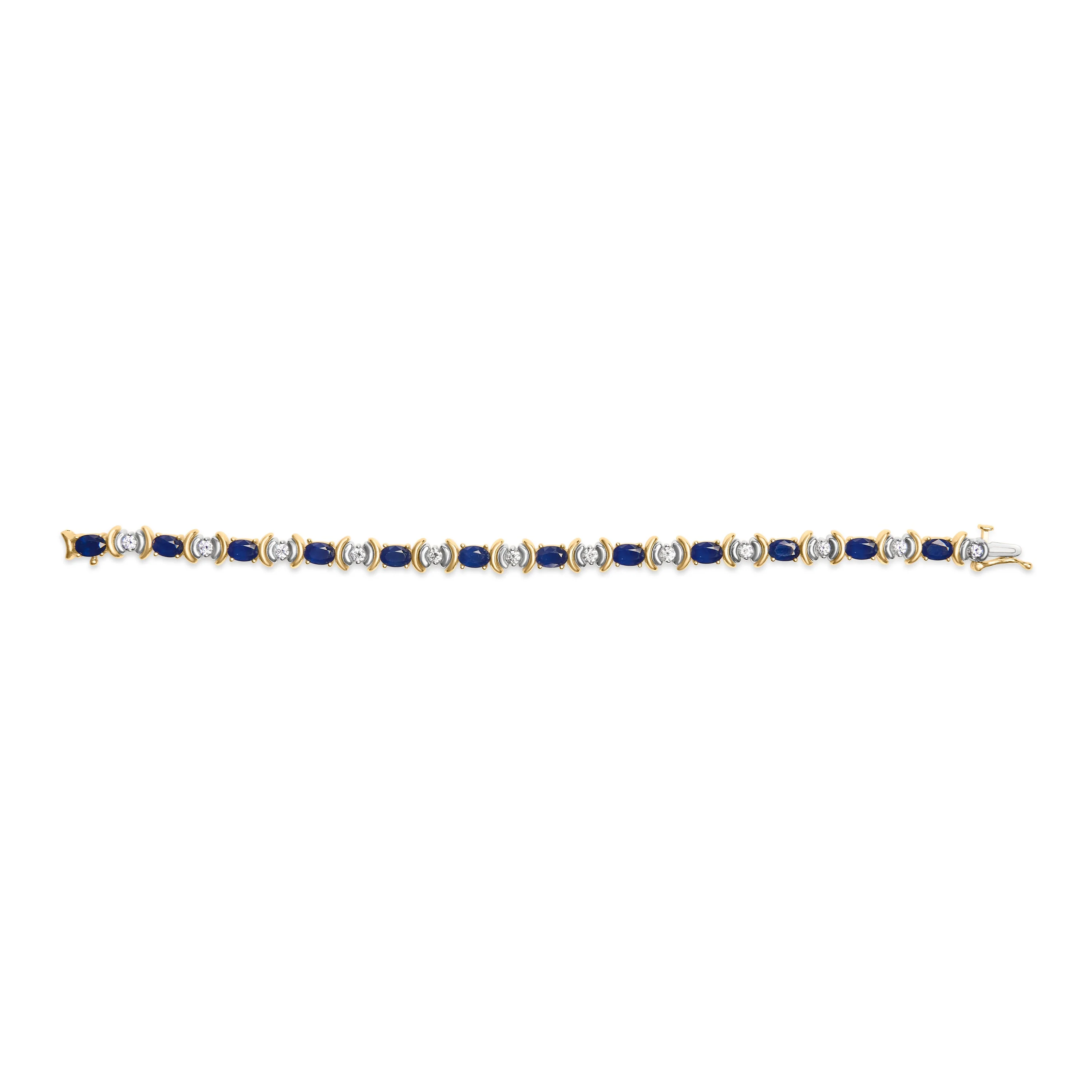 14K Yellow Gold 1.00 Cttw Alternating Diamond and 6 1/2 Cttw Oval Blue Sapphire Link Bracelet (H-I Color, SI1-SI2 Clarity) - 7" Inches - Image 6