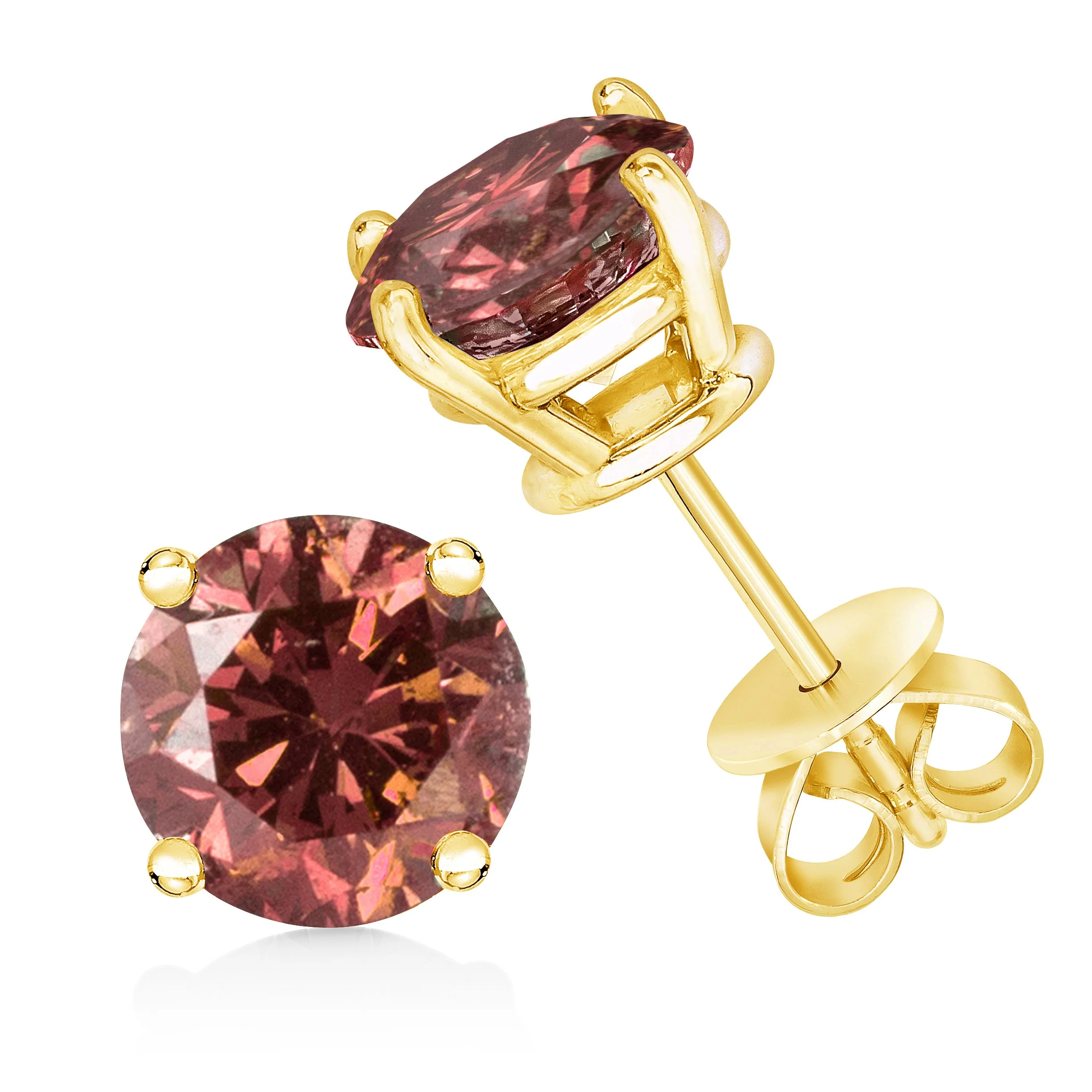 14K Yellow Gold 1.00 Cttw Round Brilliant Cut Lab Grown Pink Diamond 4-Prong Classic Solitaire Earrings (Pink Color, VVS2-VS1 Clarity) - Image 3