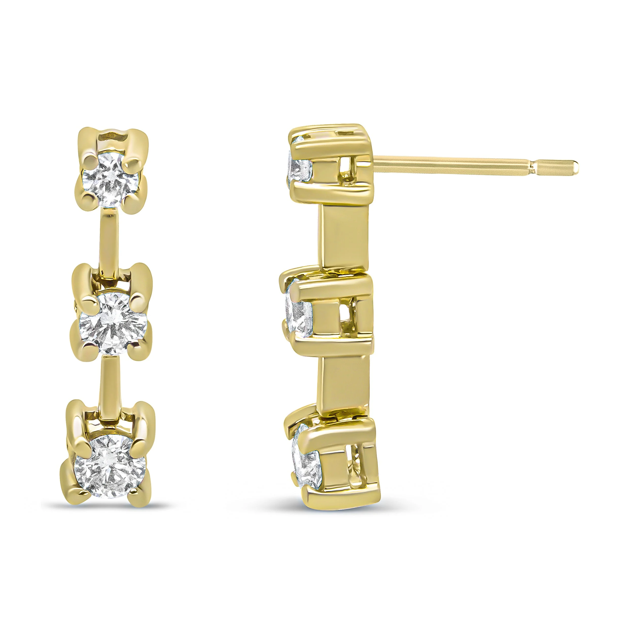 14K Yellow Gold 1/2 Cttw Round Diamond 3 Stone Graduated Linear Drop Past, Present and Future Stud Earrings (H-I Color, SI1-SI2 Clarity) - Image 3