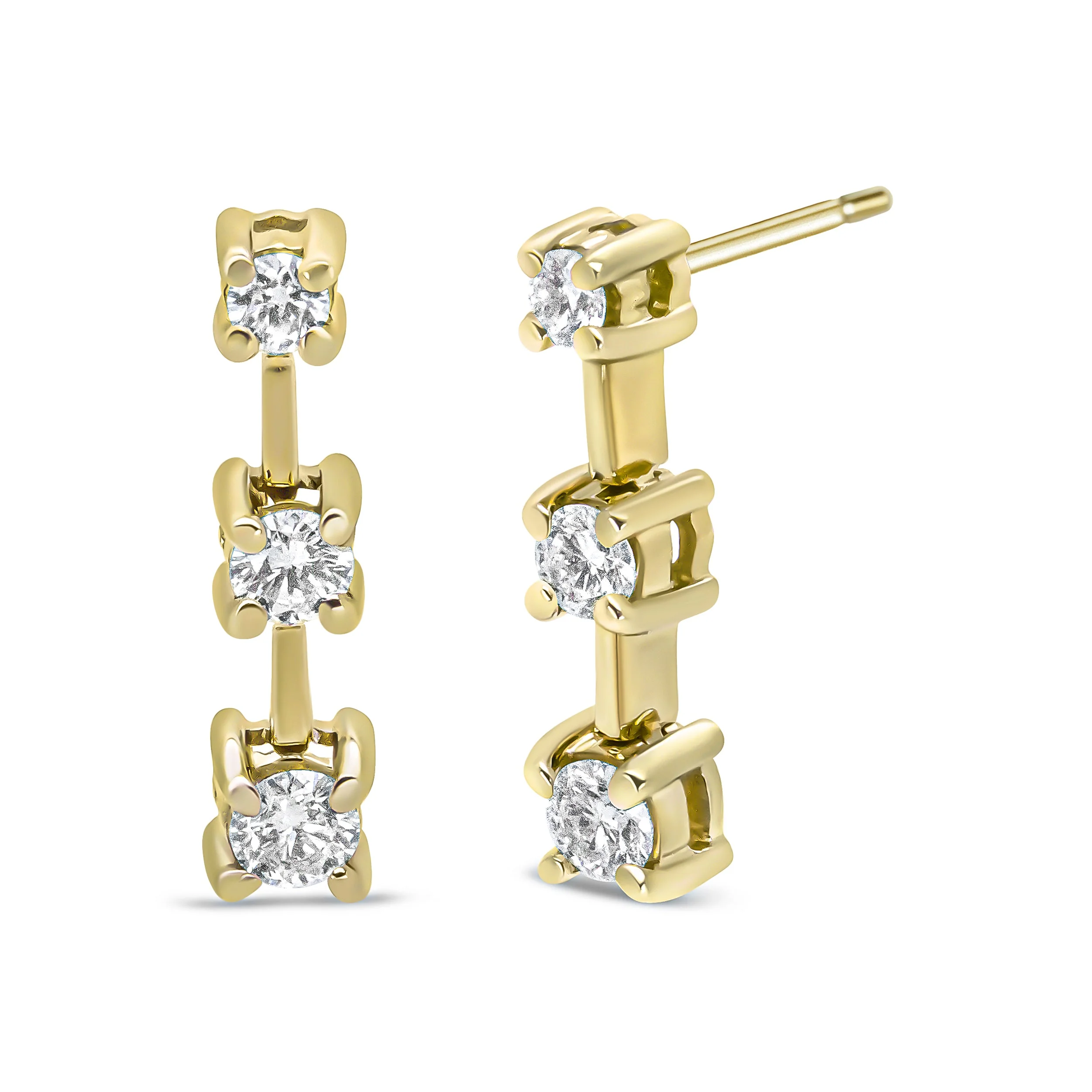 14K Yellow Gold 1/2 Cttw Round Diamond 3 Stone Graduated Linear Drop Past, Present and Future Stud Earrings (H-I Color, SI1-SI2 Clarity) - Image 5