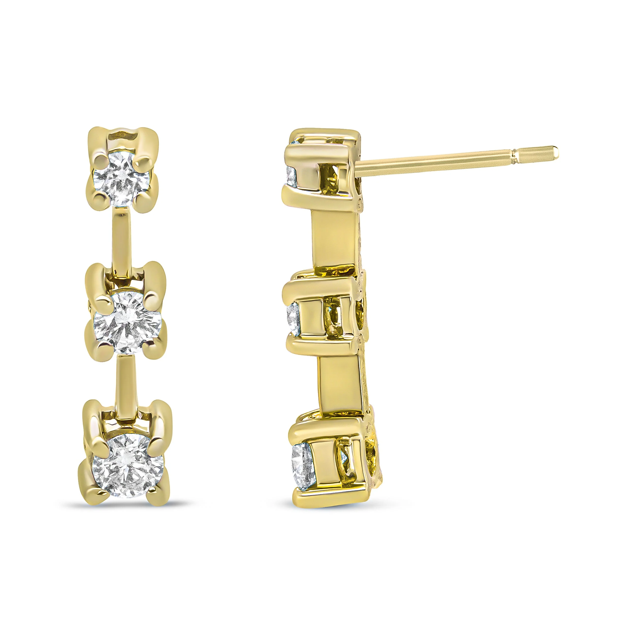 14K Yellow Gold 1/2 Cttw Round Diamond 3 Stone Graduated Linear Drop Past, Present and Future Stud Earrings (H-I Color, SI1-SI2 Clarity) - Image 8