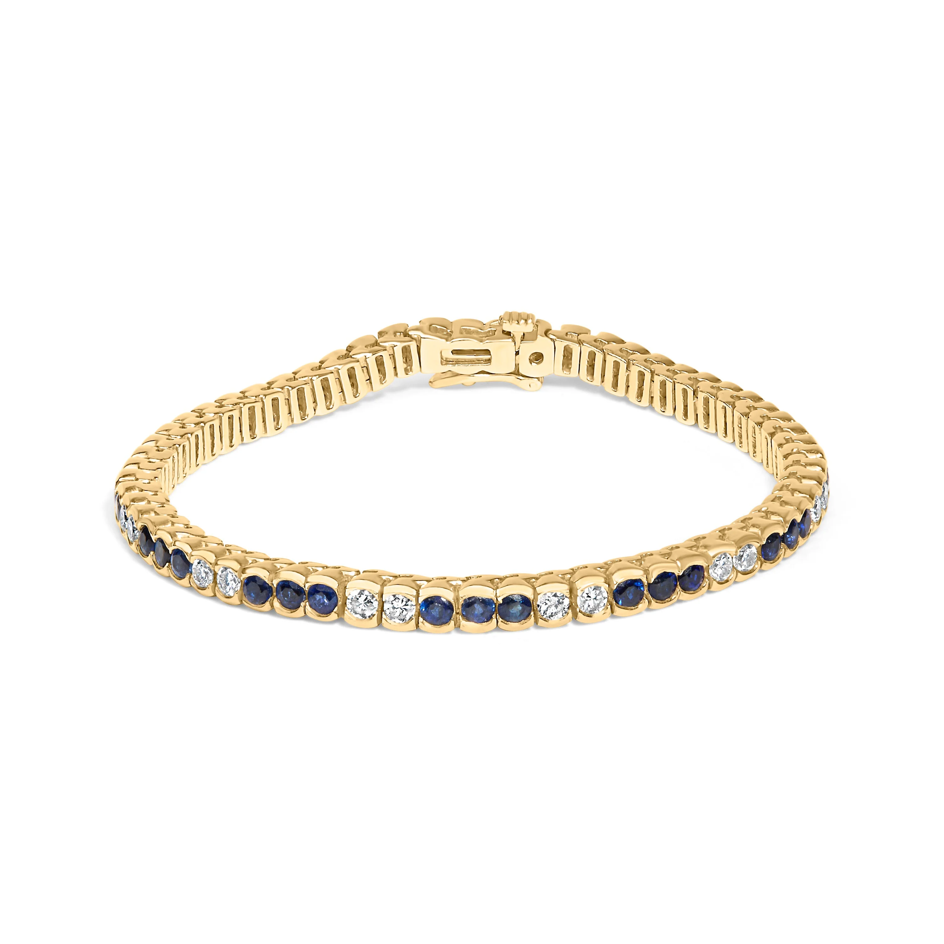 14K Yellow Gold 1 3/4 Cttw Diamond and 5.0 Cttw Blue Sapphire Bezel Set Tennis Bracelet (G-H Color, SI1-SI2 Clarity) - 7" Inches - Image 4
