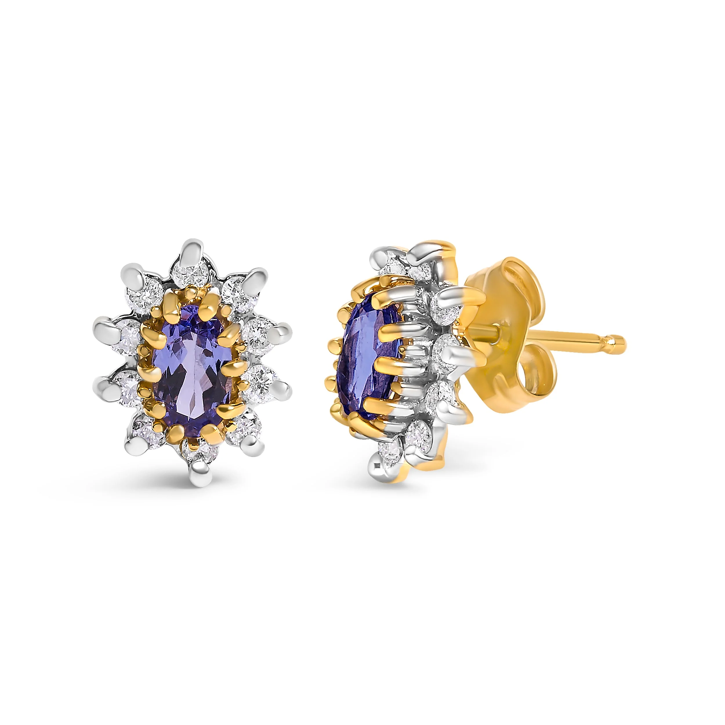 14K Yellow Gold 1/4 Cttw Diamond and Blue Purple Tanzanite Sunburst Halo Stud Earrings (K-L Color, I1-I2 Clarity) - Image 2