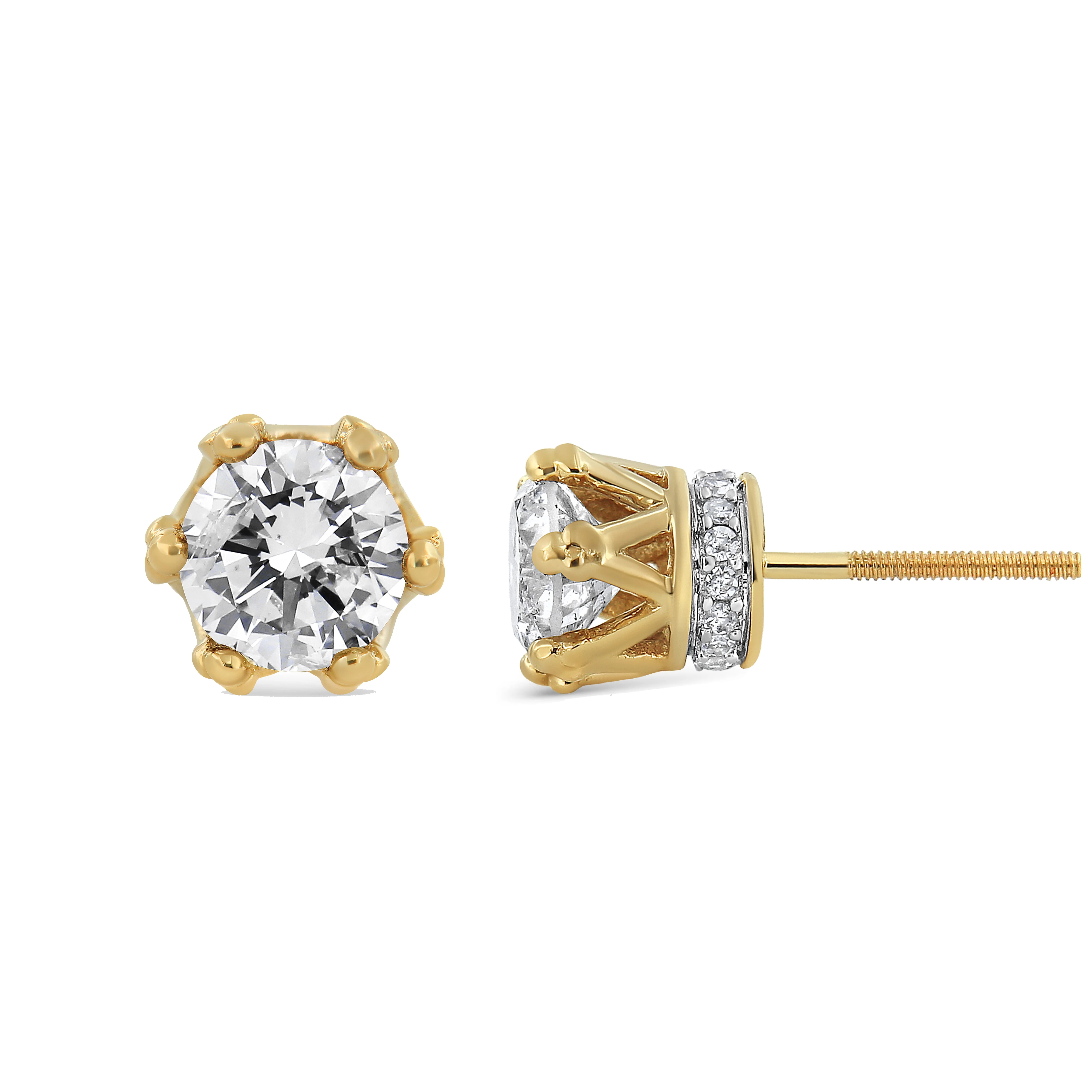 14K Yellow Gold 2.0 Cttw Round Diamond Crown Stud Earrings (I-J Color, I1-I2 Clarity) - Image 6