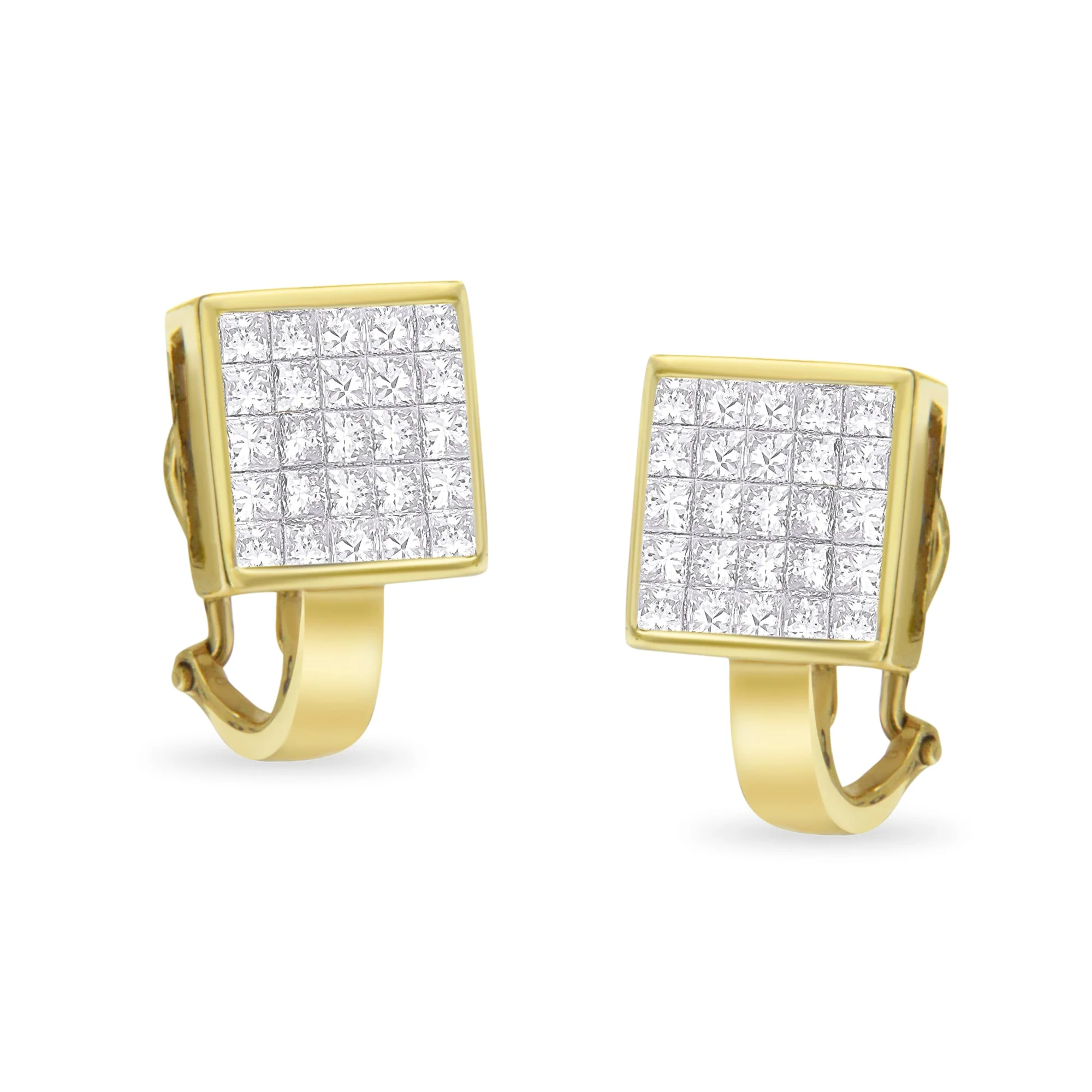 14K Yellow Gold 3-1/5 Cttw Princess Cut Diamond ¾ Square Invisible Set Grid Huggy Style Omega Back Stud Earrings (G-H Color, VS1-VS2 Clarity) - Image 3