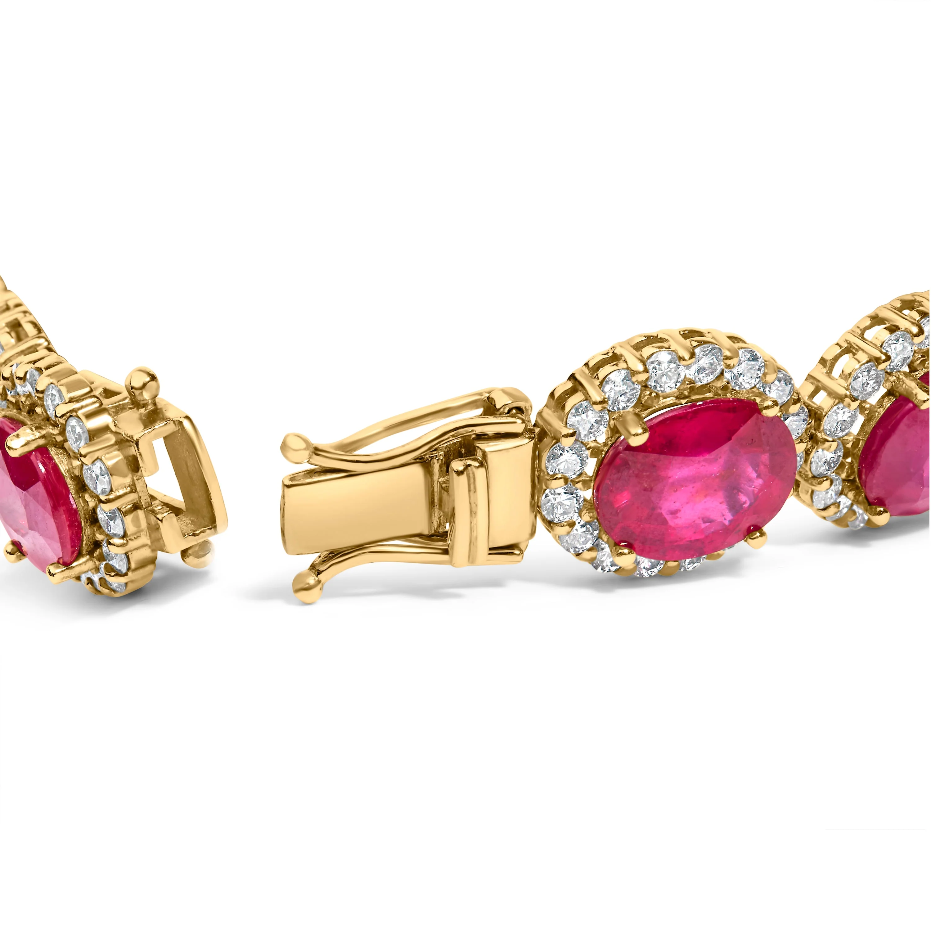 14K Yellow Gold 6 2/5 Cttw Diamond and 34.0 Cttw Oval Red Ruby Halo Link Bracelet (I-J Color, SI1-SI2 Clarity) - 7.25" Inches - Image 2