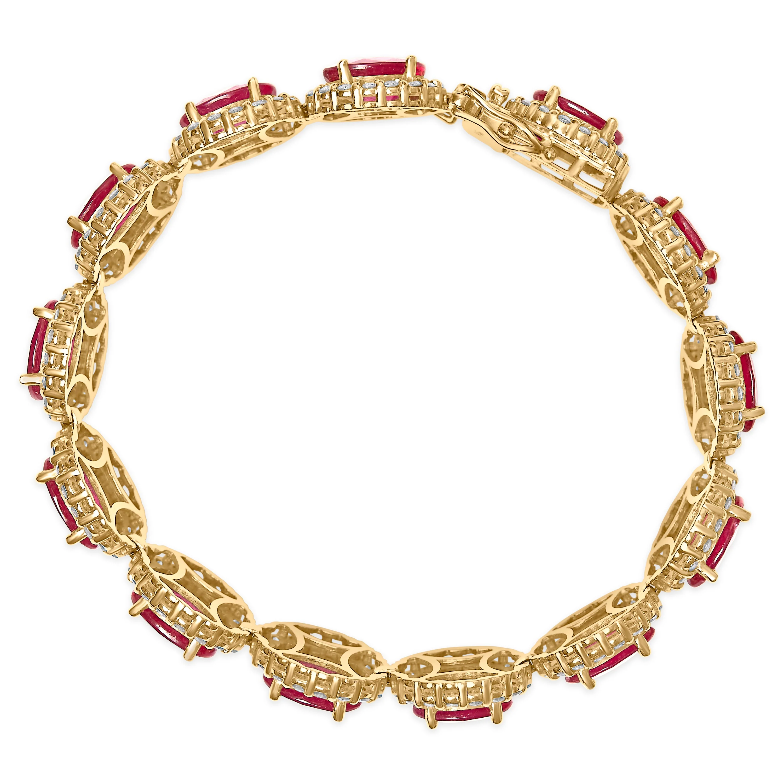 14K Yellow Gold 6 2/5 Cttw Diamond and 34.0 Cttw Oval Red Ruby Halo Link Bracelet (I-J Color, SI1-SI2 Clarity) - 7.25" Inches - Image 3