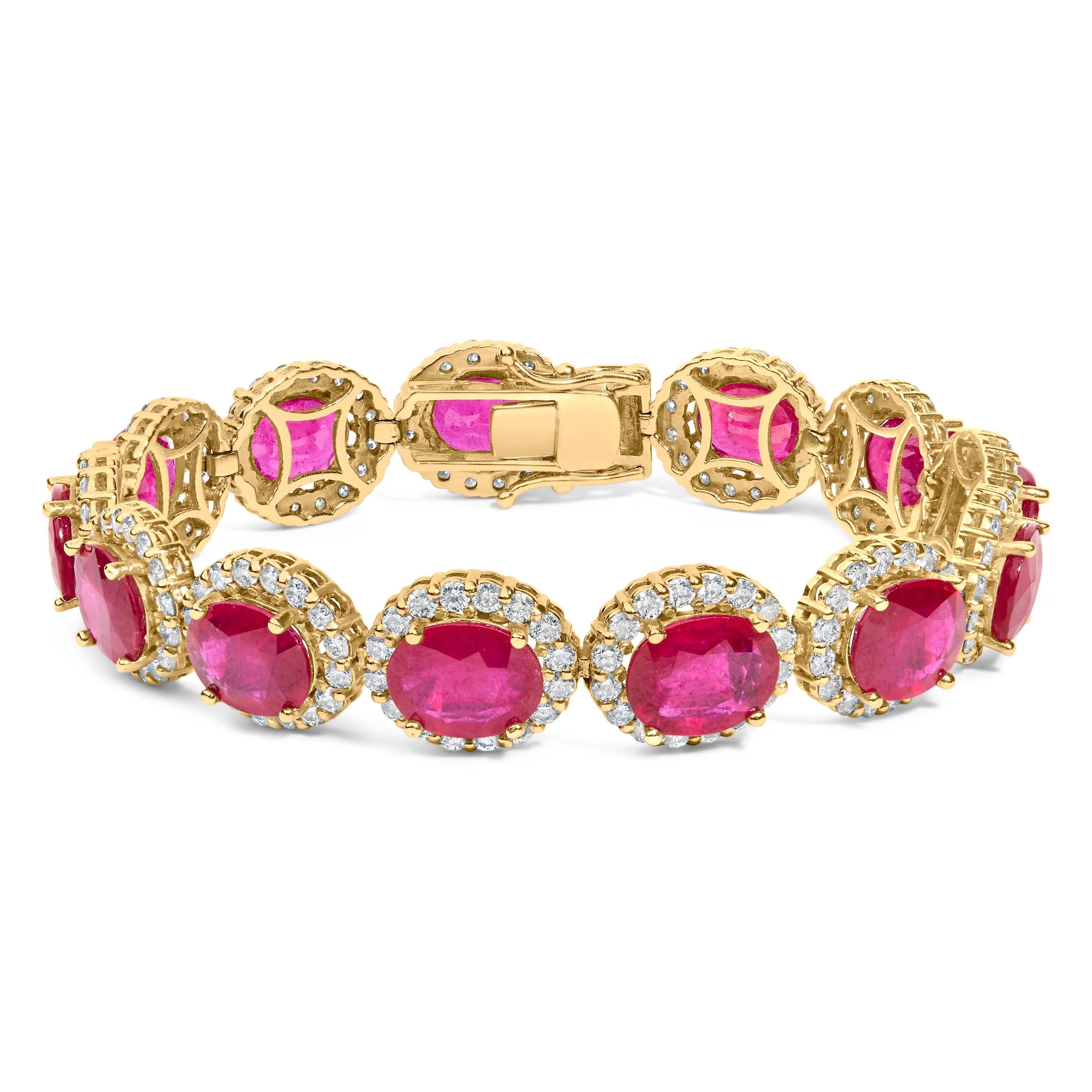 14K Yellow Gold 6 2/5 Cttw Diamond and 34.0 Cttw Oval Red Ruby Halo Link Bracelet (I-J Color, SI1-SI2 Clarity) - 7.25" Inches - Image 4