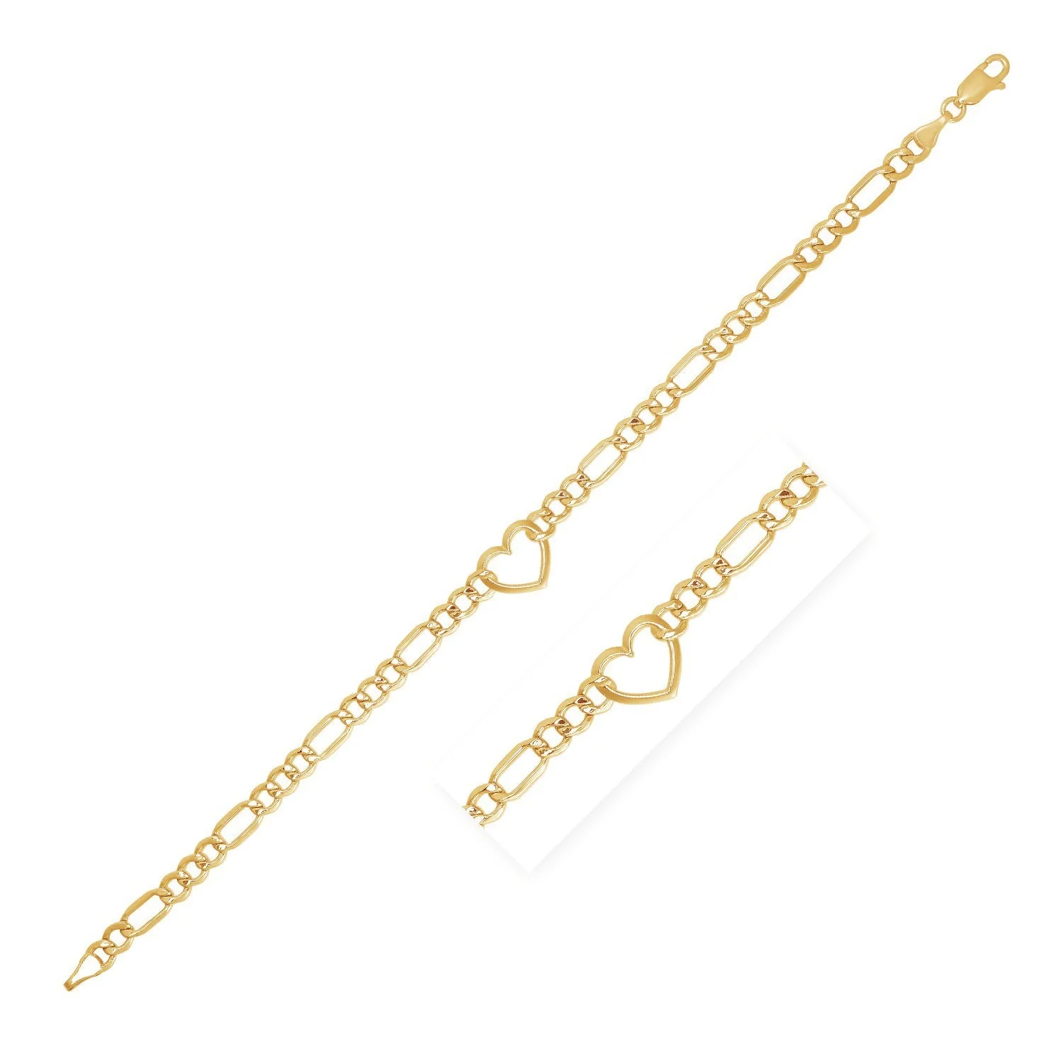 14k Yellow Gold 7 inch Figaro Chain Bracelet with Heart - Image 4