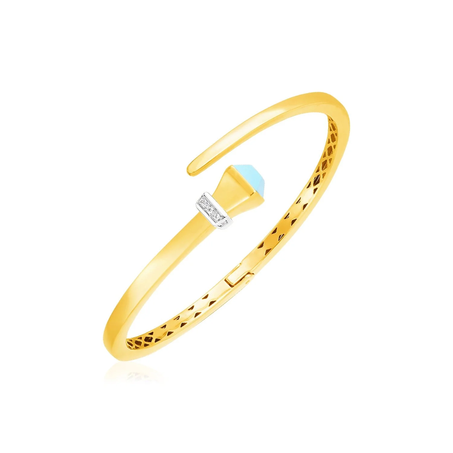 14k Yellow Gold Crossover Style Hinged Bangle Bracelet with Turquoise and Diamonds - Image 3