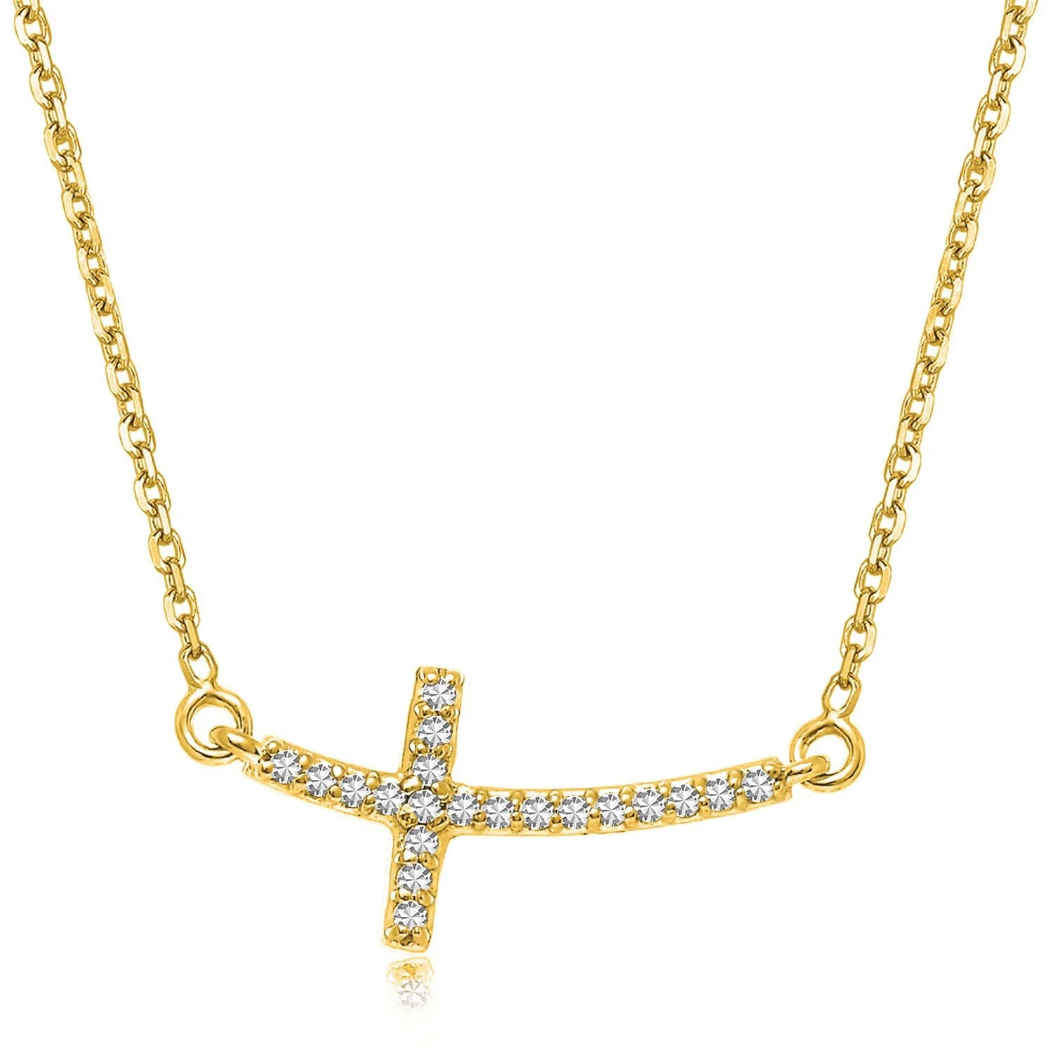 14k Yellow Gold Diamond Accented Curved Cross Necklace (.11cttw) - Image 3
