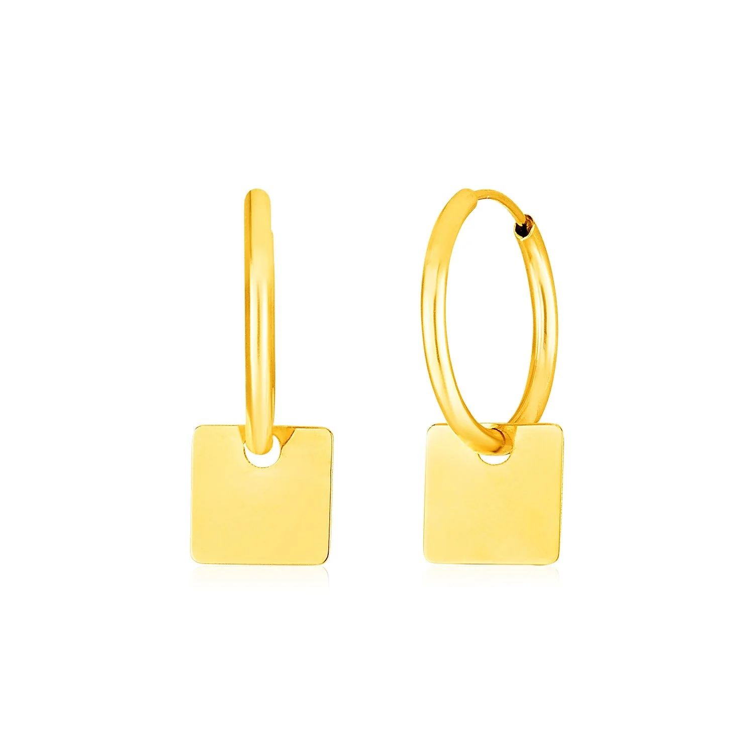 14k Yellow Gold Huggie Style Hoop Earrings with Square Drops - Image 3