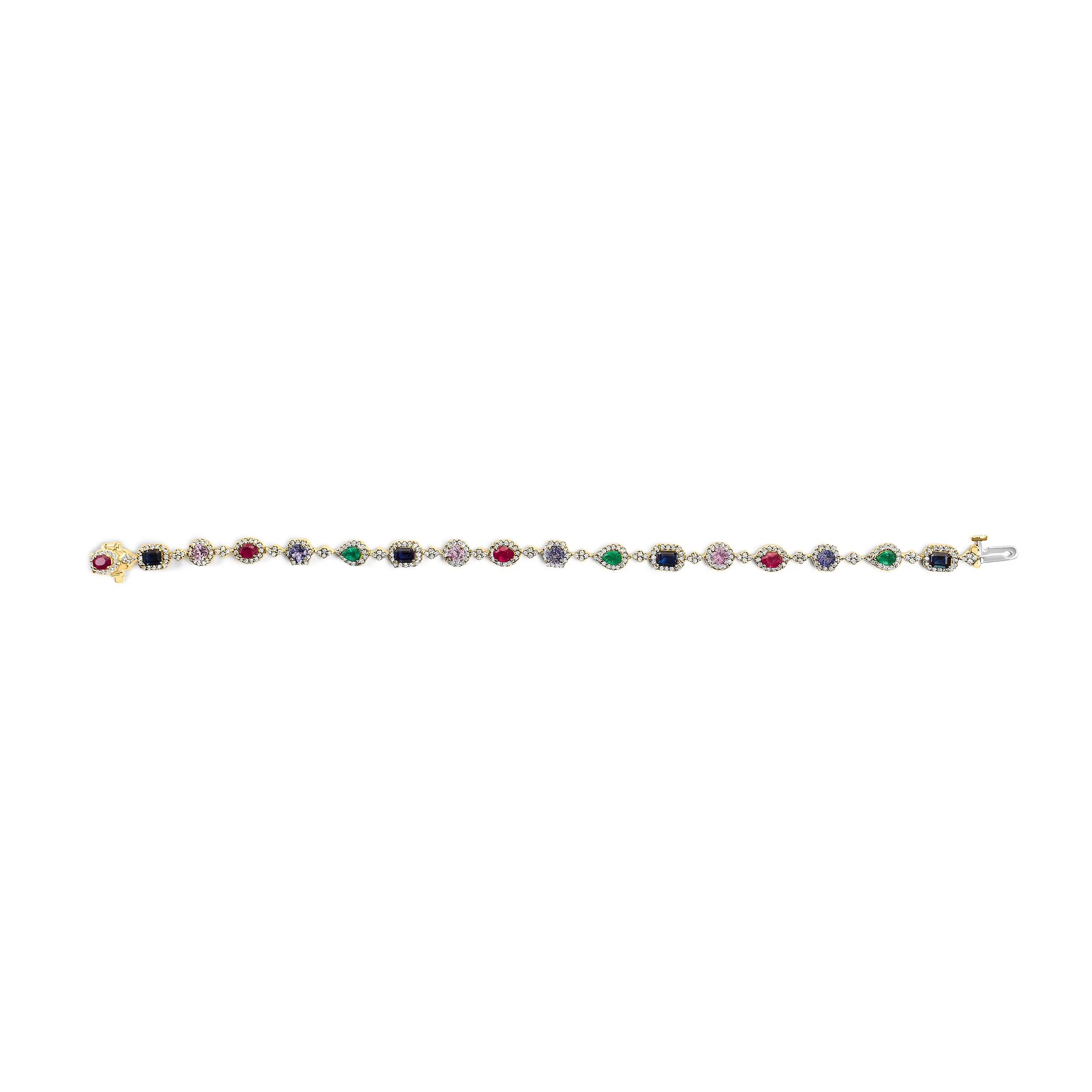 14K Yellow Gold Multi-Gemstone and Diamond Halo Rainbow Link Bracelet - Image 3