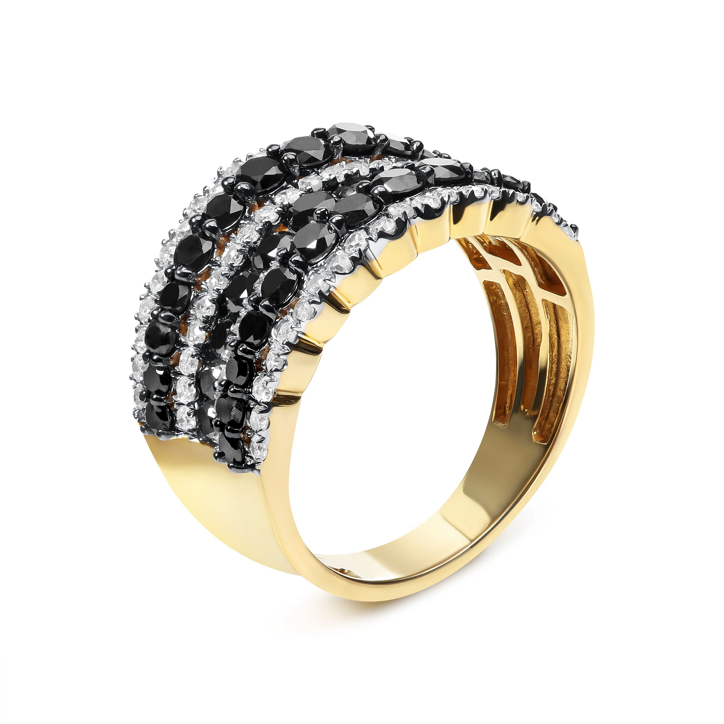 14K Yellow Gold Plated .925 Sterling Silver 1 3/4 Cttw Treated Black and White Alternating Diamond Multi Row Band Ring (Black / I-J Color, I2-I3 Clarity) - Size 7 - Image 3