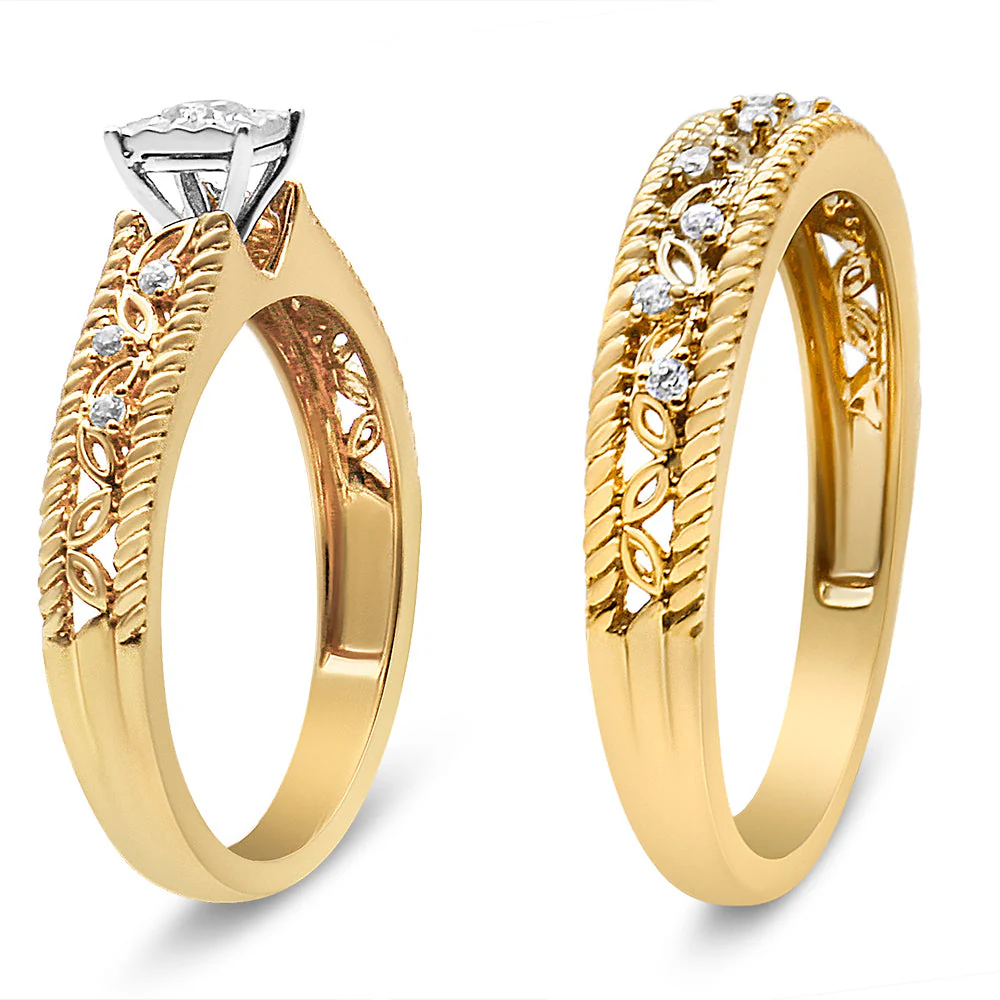 14K Yellow Gold Plated .925 Sterling Silver 1/5 Cttw Diamond Art Deco Style Engagement Ring Bridal Set (I-J Color, I3 Clarity) - Ring Size 7 - Image 4