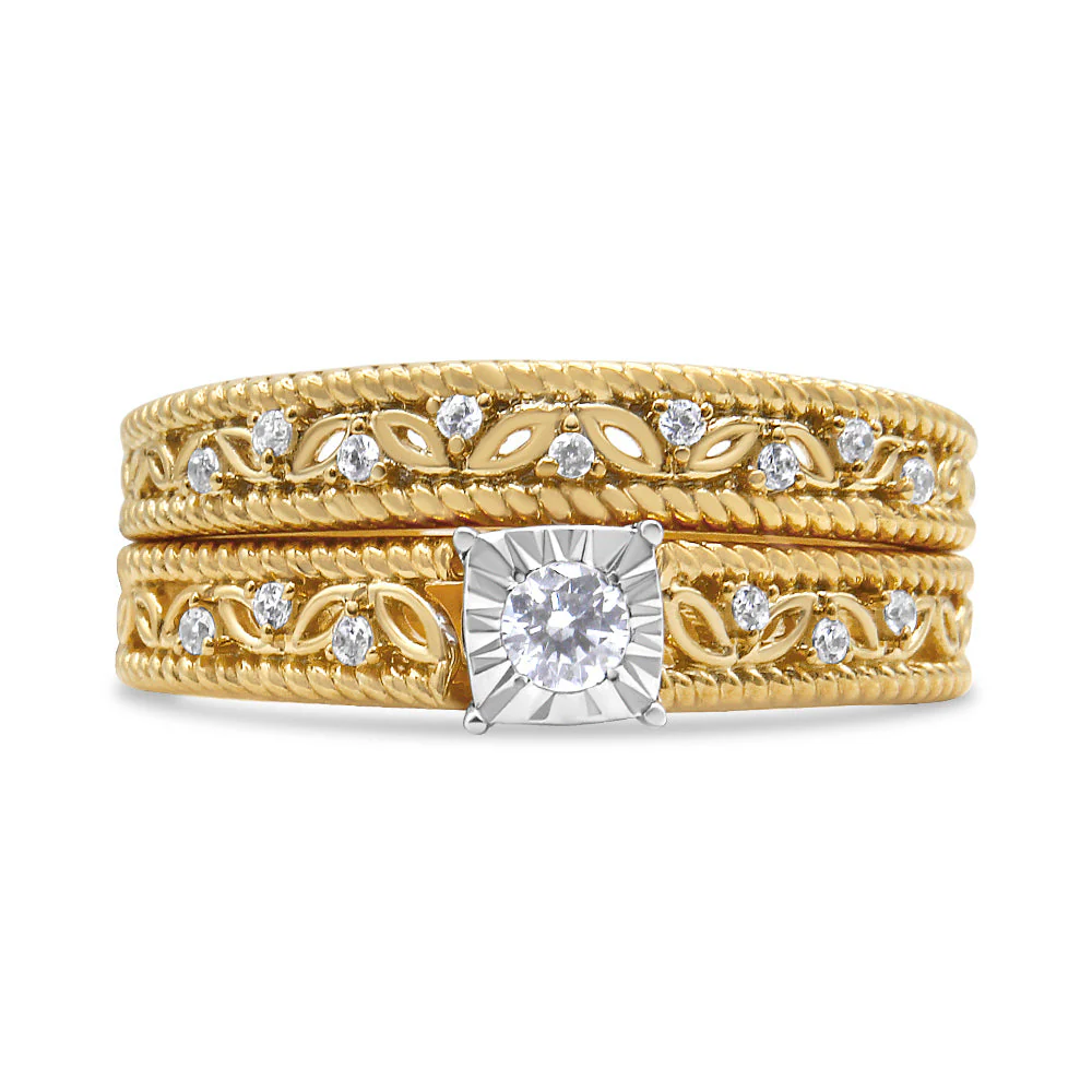 14K Yellow Gold Plated .925 Sterling Silver 1/5 Cttw Diamond Art Deco Style Engagement Ring Bridal Set (I-J Color, I3 Clarity) - Ring Size 7 - Image 5