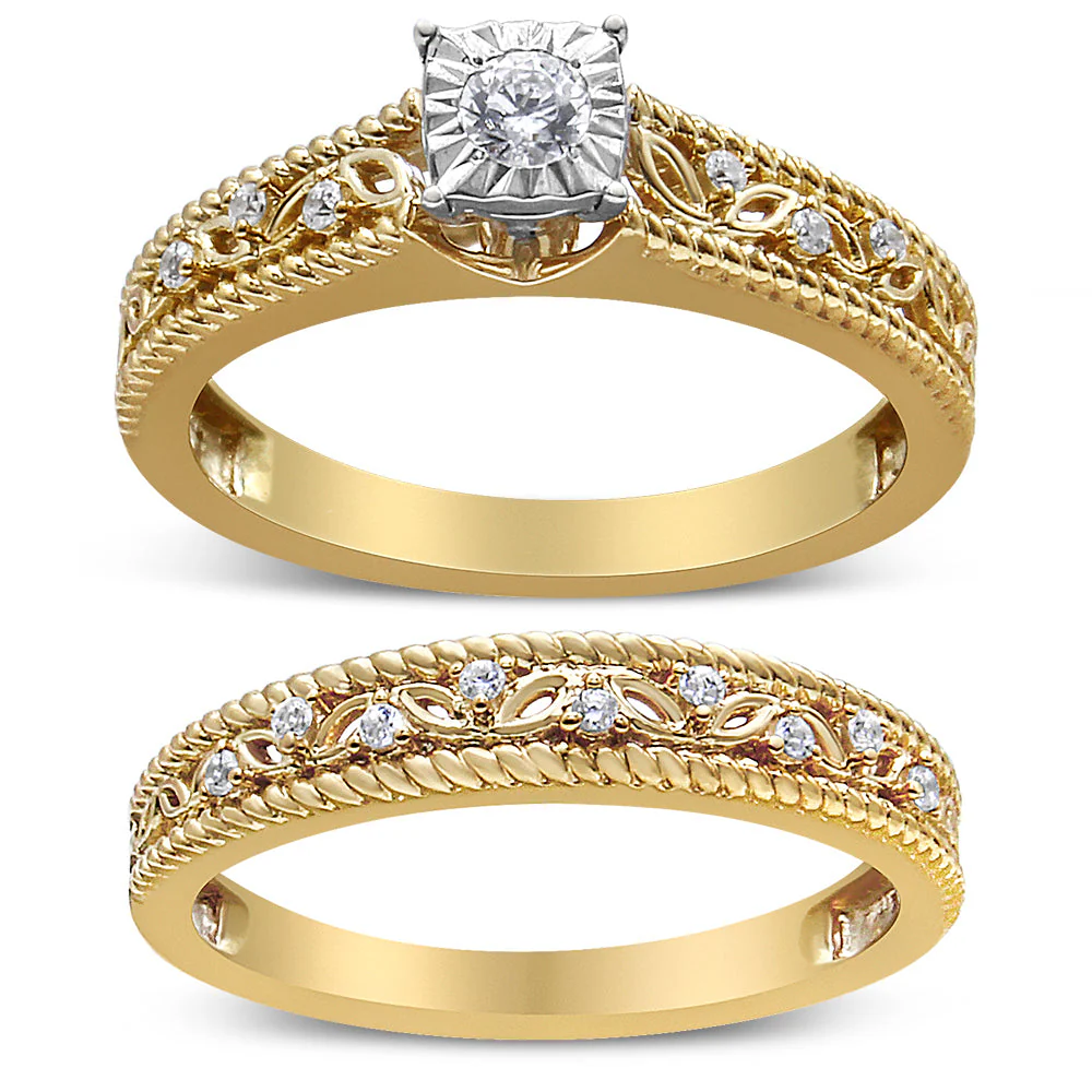14K Yellow Gold Plated .925 Sterling Silver 1/5 Cttw Diamond Art Deco Style Engagement Ring Bridal Set (I-J Color, I3 Clarity) - Ring Size 7 - Image 6