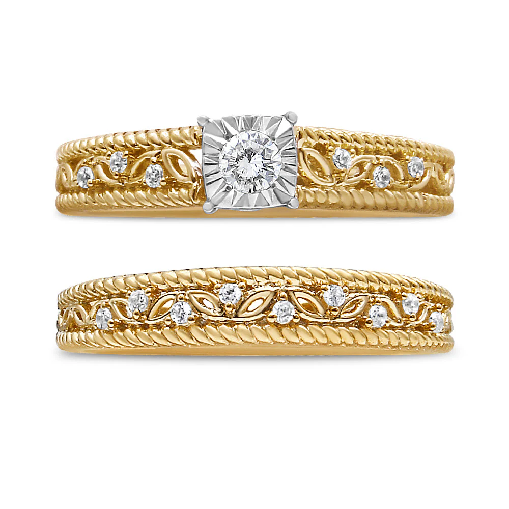 14K Yellow Gold Plated .925 Sterling Silver 1/5 Cttw Diamond Art Deco Style Engagement Ring Bridal Set (I-J Color, I3 Clarity) - Ring Size 7 - Image 7
