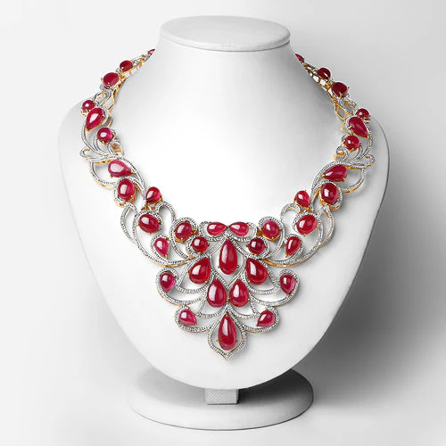 160.14 Carat Glass Filled Ruby and White Diamond .925 Sterling Silver Necklace - Image 6